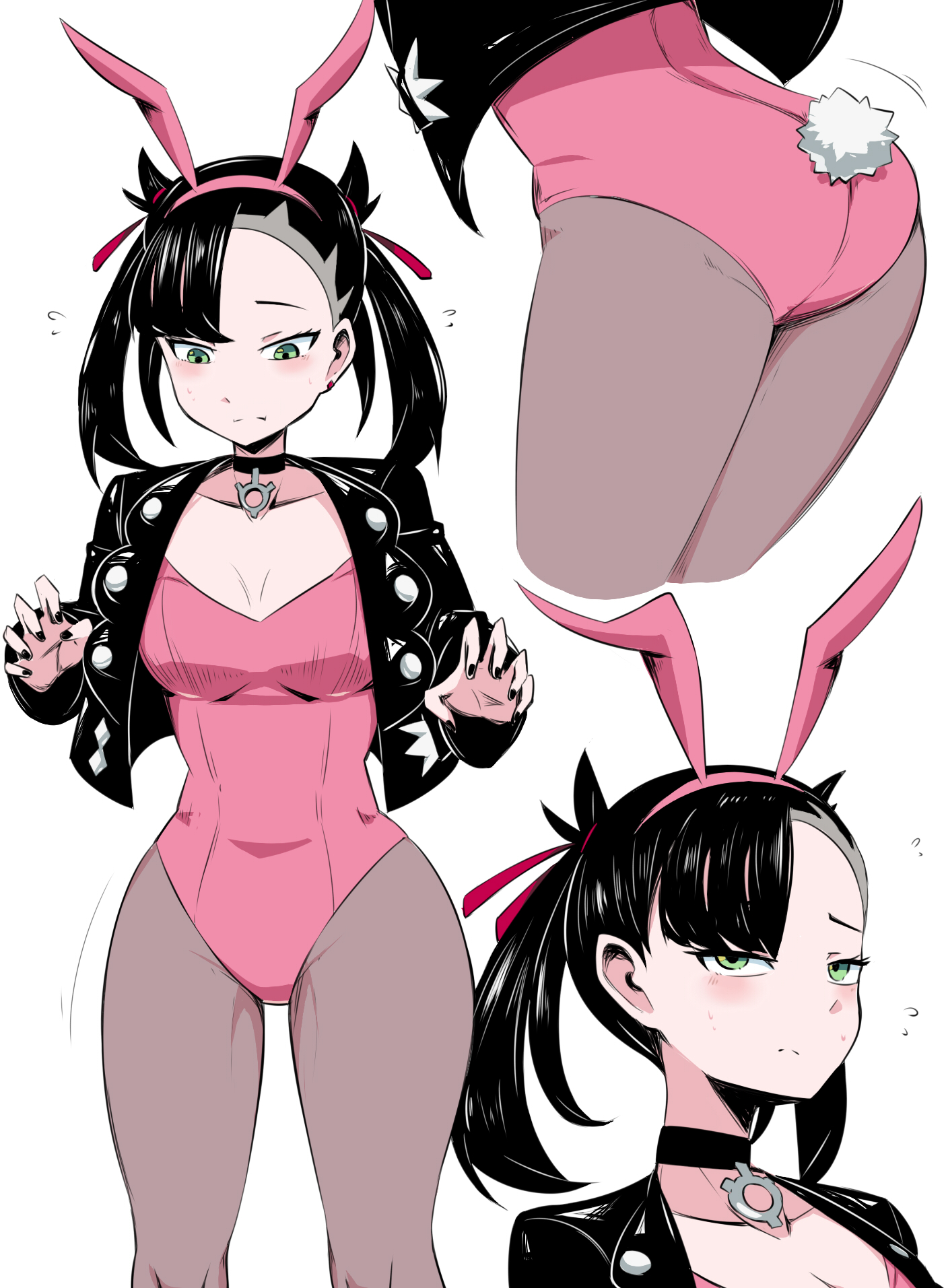 1girls, 2019, adapted costume, alternate costume, alternate outfit, animal ears, ass, asymmetrical bangs, asymmetrical hair, bangs, black hair, black jacket, black nails, blush, breasts, bunny ears, bunny girl, bunny tail, bunnysuit, choker, cleavage, collarbone, earrings, embarrassed, female, female only, green eyes, grey legwear, hair ribbon, highres, human, human only, jacket, jewelry, leather jacket, leotard, long sleeves, looking at viewer, looking down, marnie (pokemon), multiple views, nail polish, nintendo, open clothes, pantyhose, pink leotard, pokemon, pokemon ss, ribbon, shimure (460), simple background, solo, sweatdrop, thighs, twintails, white background