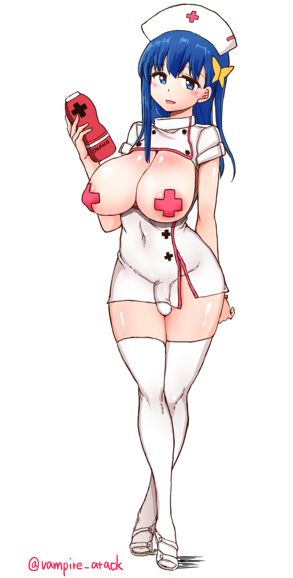 1futa breasts bulge cleavage dickgirl futa_only futaba_yodoyume futanari large_breasts looking_at_viewer nurse solo thighhighs