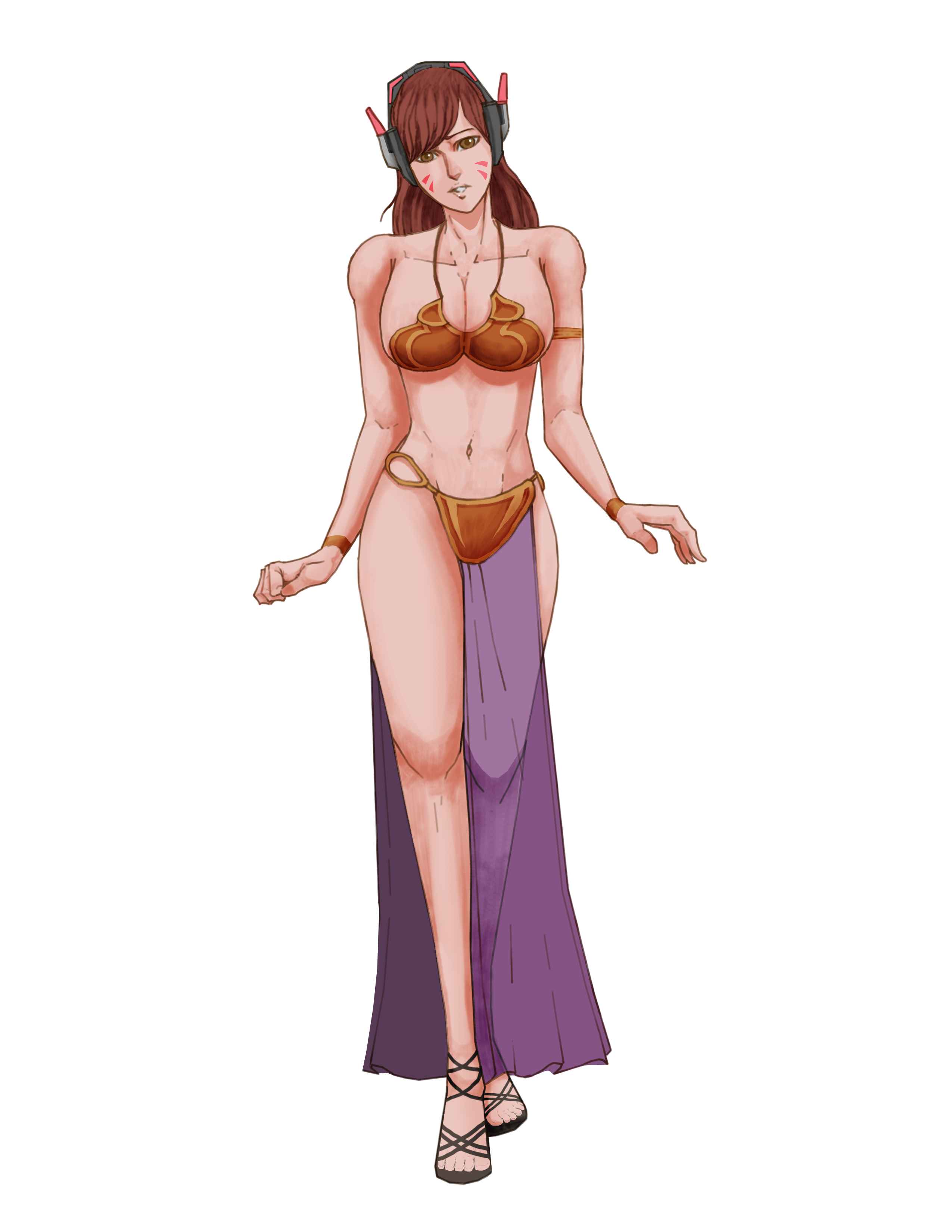 1girls, alluring, brown eyes, brown hair, cosplay, d.va, female, female only, headphones, overwatch, rezaramadhan98, slave bikini, slave leia (cosplay), solo female, star wars, white background