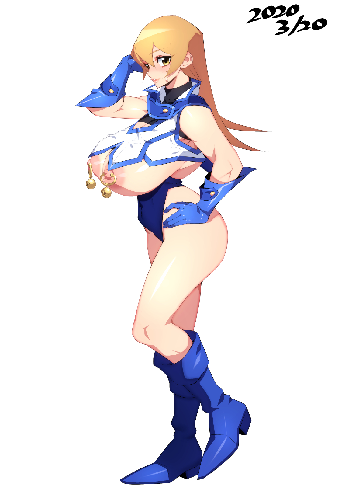 1girls, alexis rhodes, areolae, big breasts, blonde hair, blue boots, boots, breasts, breasts out, brown eyes, dated, eyelashes, female, female only, gloves, hand on hip, huge breasts, long hair, nipple piercing, nipple rings, nipples, obelisk blue uniform, piercing, pobotto, school uniform, smile, solo, solo female, solo focus, thick thighs, yu-gi-oh!, yu-gi-oh! gx