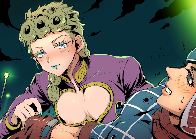 2019 2boys androgynous blonde_hair blue_eyes blue_lipstick blue_nails blush center_opening cloud crotch earrings embarrassed erect_nipples erection erection_under_clothes giorno_giovanna grey_eyes guido_mista heart_cutout helmet injury jojo's_bizarre_adventure lipstick looking_at_another looking_down lying makeup male male_only multiple_boys nail_polish navel night nipple_slip nipples penis public riko_(artist) sexually_suggestive sky smile teeth tied_hair vento_aureo wounded yaoi