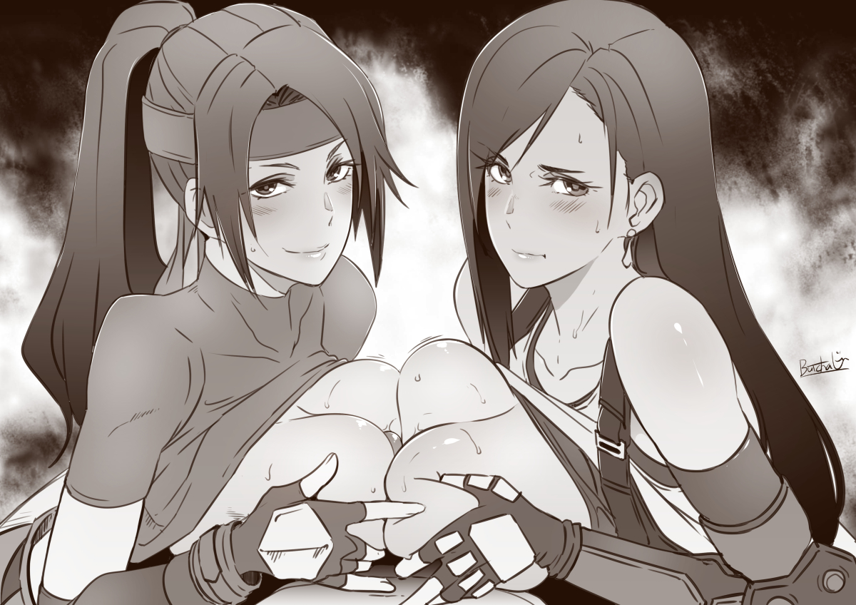 1boy, 2girls, big breasts, breasts, brown hair, butcha-u, double paizuri, earrings, eroquis, female, final fantasy, final fantasy vii, final fantasy vii remake, headband, jessie rasberry, long hair, looking at viewer, male, monochrome, nipples, paizuri, ponytail, smile, square enix, straight, threesome, tifa lockhart
