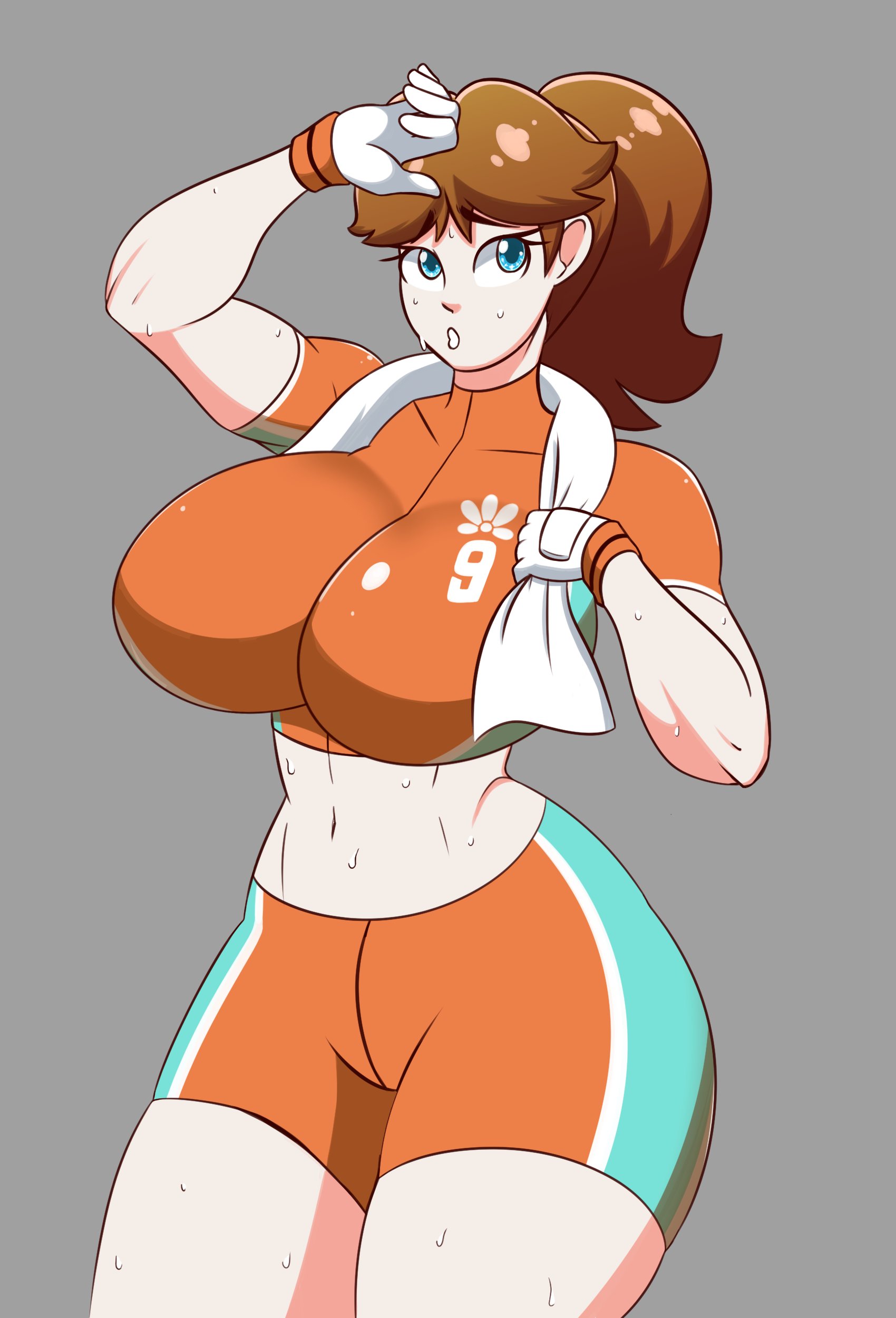 1girls, alternate version available, big breasts, big thighs, blue eyes, breasts, brown hair, cleavage, clothed, clothing, curvy, curvy figure, eyebrows visible through hair, female, female only, frowntown, gloves, grey background, highres, huge breasts, huge thighs, large breasts, large thighs, light skin, light-skinned female, looking up, mario (series), mario strikers, midriff, nintendo, pale skin, pale-skinned female, ponytail, princess daisy, shirt, short shirt, short sleeves, shorts, shoulder length hair, soccer uniform, solo, solo female, sweat, sweating, thick, thick thighs, thighs, tied hair, towel, towel around neck, uniform, wide hips