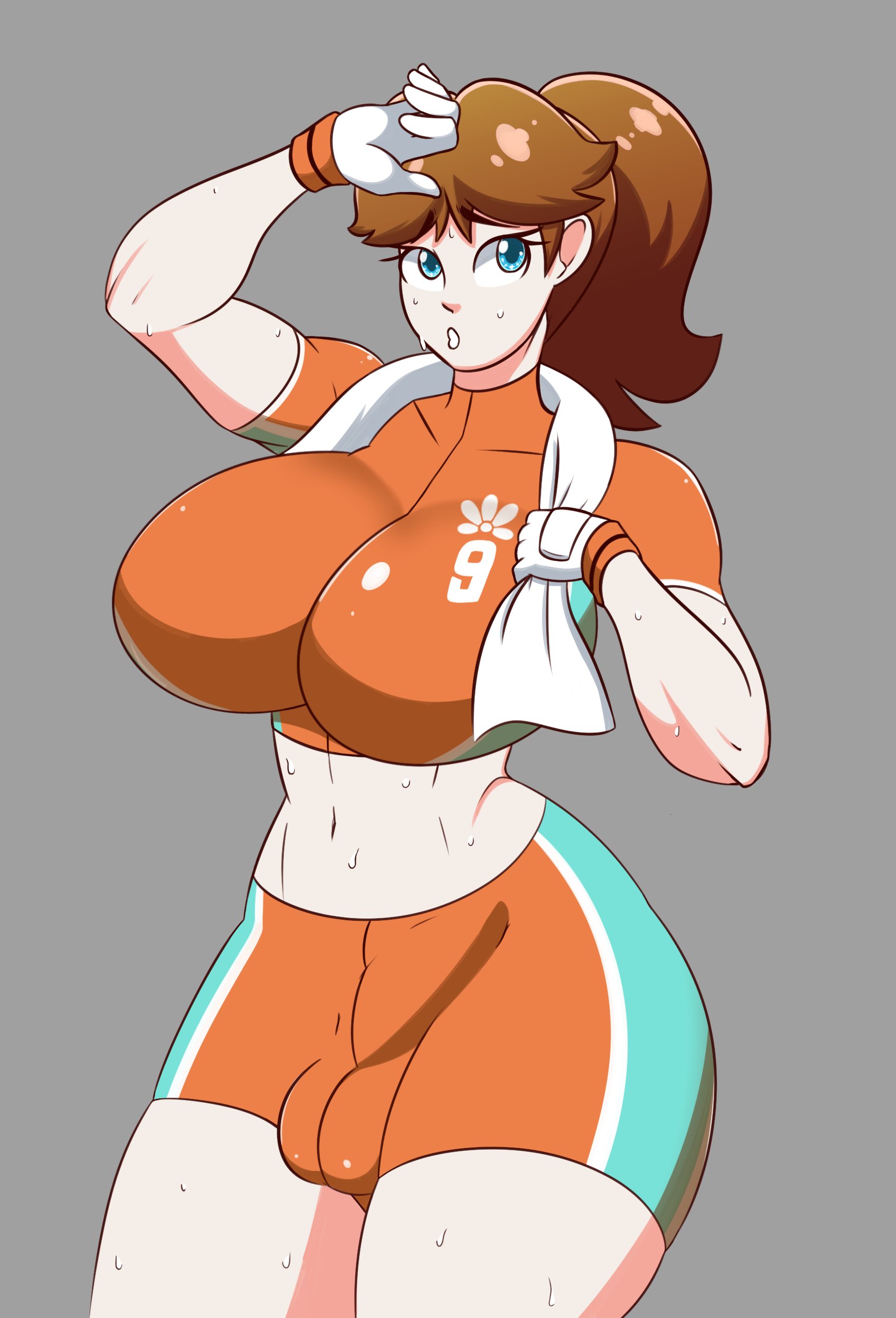 1futa, alternate version available, balls, balls bulge, balls under clothes, big thighs, blue eyes, breasts, brown hair, bulge, cameltail, clothed, clothing, curvy, curvy figure, erection, erection under clothes, eyebrows visible through hair, frowntown, futa only, futanari, gloves, grey background, highres, huge breasts, huge thighs, intersex, large thighs, light skin, light-skinned futa, looking up, mario (series), mario strikers, midriff, nintendo, pale skin, penis, penis bulge, penis under clothes, princess daisy, shirt, short shirt, short sleeves, shorts, shoulder length hair, soccer uniform, solo, solo futa, sweat, sweating, tenting, testicles, thick, thick thighs, thighs, tied hair, towel, towel around neck, uniform, wide hips