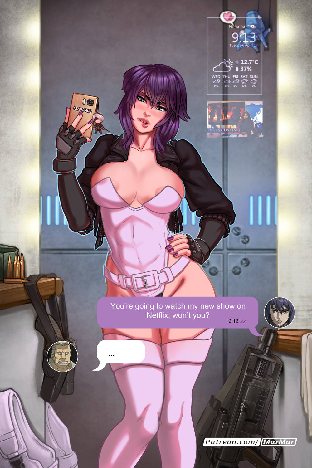 1girls batou big_breasts breasts cleavage crossover female female_only ghost_in_the_shell ghost_in_the_shell_stand_alone_complex kusanagi_motoko large_breasts marmar nier nier:_automata selfie solo tachikoma yorha_2b