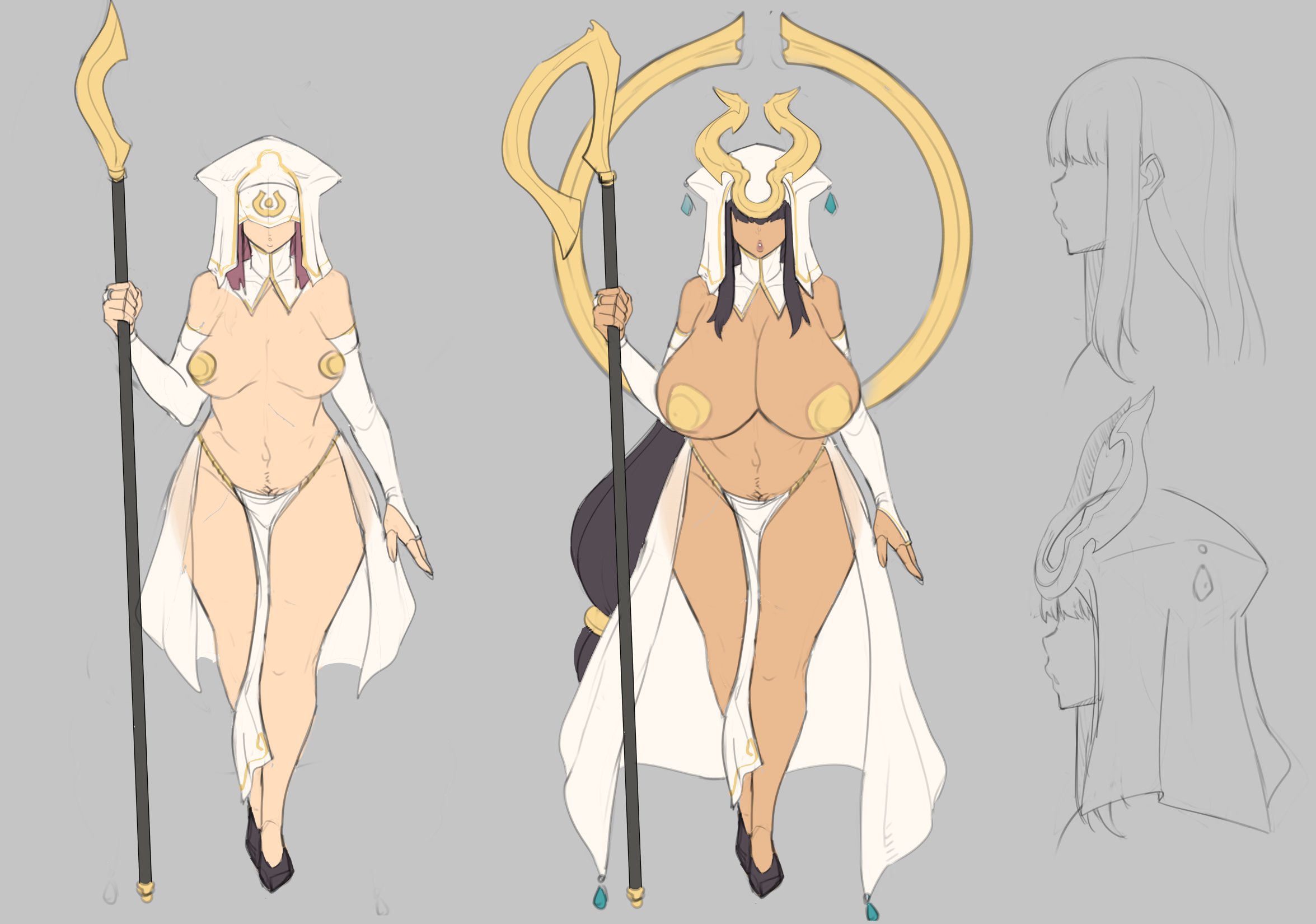 1girls, bangs, big breasts, blinding bangs, breasts, dark skin, dark-skinned female, female, hair over eyes, hairy, long hair, metal owl, milf, original, original character, partially colored, priestess, sketch, staff, thick thighs, white clothes, wide hips