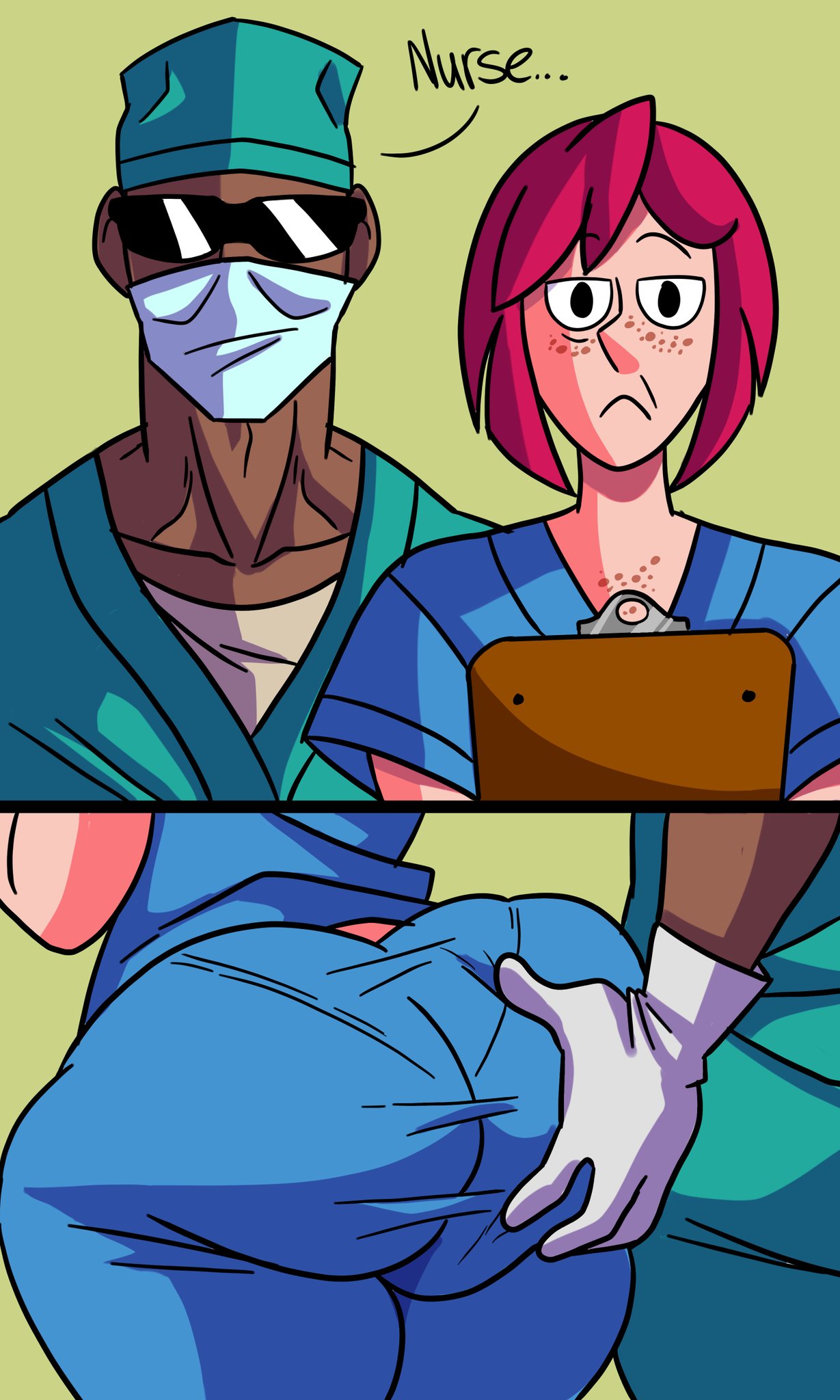 1boy, 1girls, ass, big ass, black eyes, comic, dark skin, dark-skinned male, doctor, duo, female, freckles, gloves, grabbing ass, human, interracial, luan winslow (wappah), male, male focus, mask, nurse, nurse uniform, original character, red hair, redhead, sunglasses, wappah