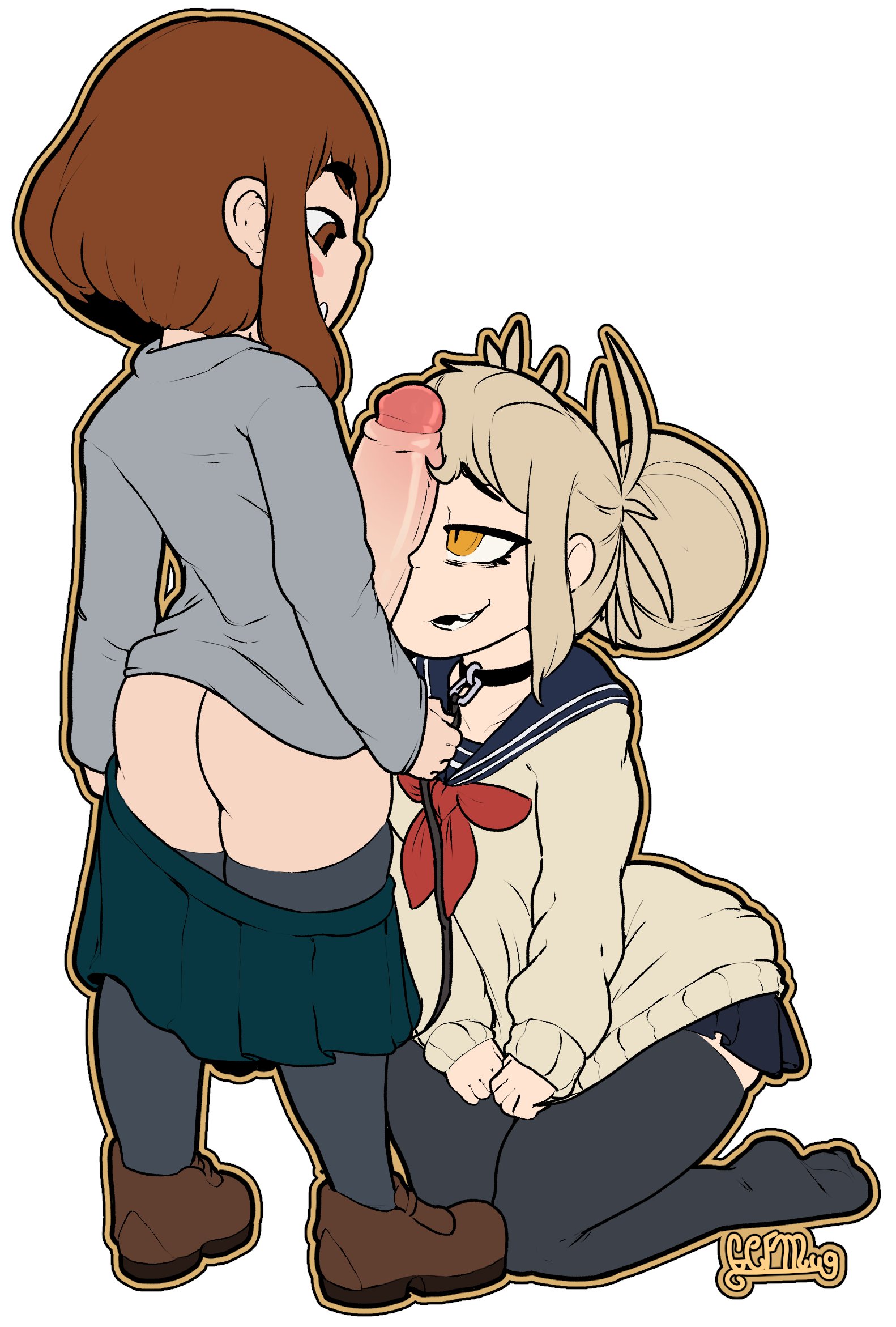 1futa, 1girls, alternate hairstyle, ass, collar, female, femsub, foreskin, futa on female, futadom, futanari, gcfmug, half-closed eyes, himiko toga, intersex, large penis, leash, my hero academia, ochako uraraka, on knees, penis, penis awe, penis on face, school uniform, sharp teeth, shortstack, skirt pull, text, thick thighs, uncircumcised, uncut, watermark, wide hips