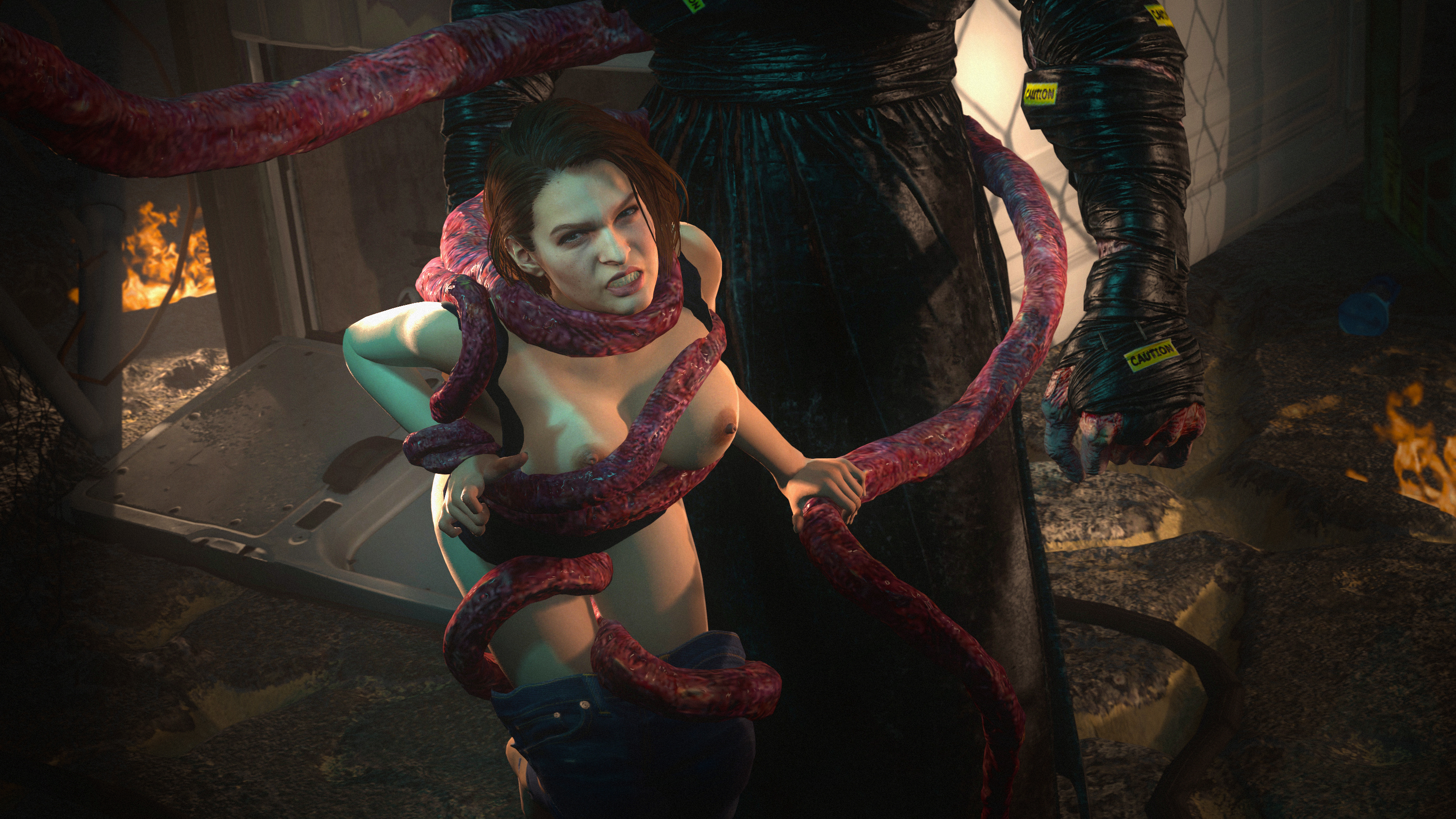 1boy, 1girls, 3d, areolae, blue eyes, breasts, brown hair, clenched teeth, clothing, female, from behind, interspecies, jill valentine, jill valentine (sasha zotova), light skin, light-skinned female, male, monster, nemesis (resident evil), nipples, penetration, rape, resident evil, resident evil 3, resident evil 3 remake, restrained, size difference, source filmmaker, straight, tastytextures, tentacle, tentacle grab, tentacle sex, tyrant