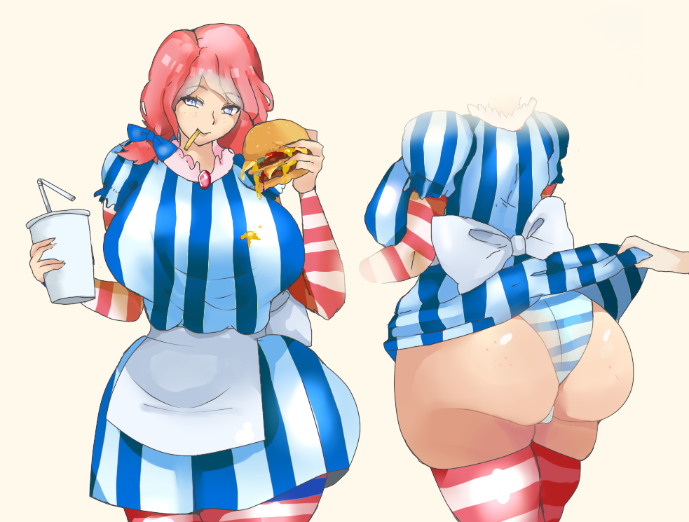 1girls apron ass big_ass big_breasts blue_eyes blue_ribbon bow breasts bubblecactus burger cheese cheeseburger clothed clothing clothing_lift drink drinking_straw eyebrows_visible_through_hair fast_food female female_only food freckles fries gloves large_breasts legwear long_hair panties png red_hair ribbon ribbons simple_background skirt_pull smile solo solo_female standing straw striped_gloves striped_legwear striped_panties striped_thighhighs thighhighs twin_braids uniform wendy's wendy_thomas