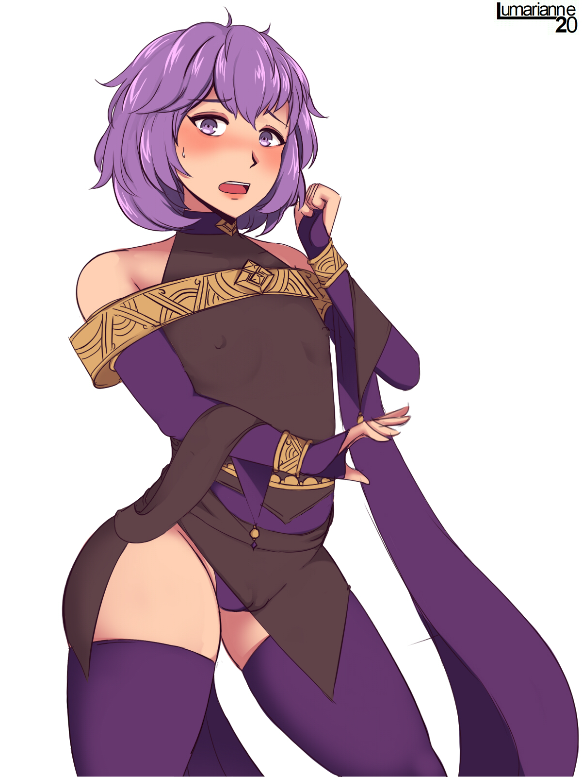 1girls, alternate version available, bernadetta von varley, breasts, color, dancing class outfit, female, female only, fire emblem, fire emblem: three houses, lumarianne20, nintendo, nipples, nipples visible through clothing, purple eyes, purple hair, short hair, small breasts, solo, solo female, solo focus, thick thighs, thighhighs