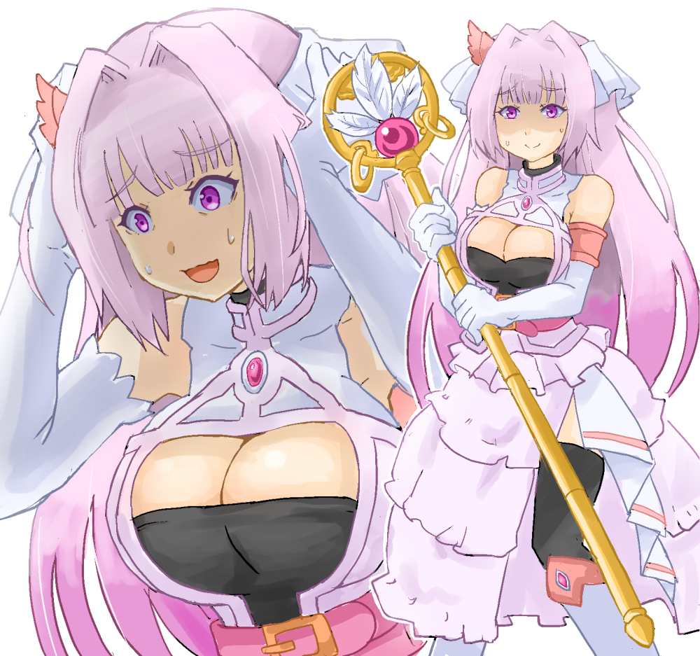 angel_white(maou-sama_retry) blush breasts legwear long_hair looking_at_viewer luna_elegant maou-sama_retry nervous pink_hair purple_eyes staff sweat white_dress