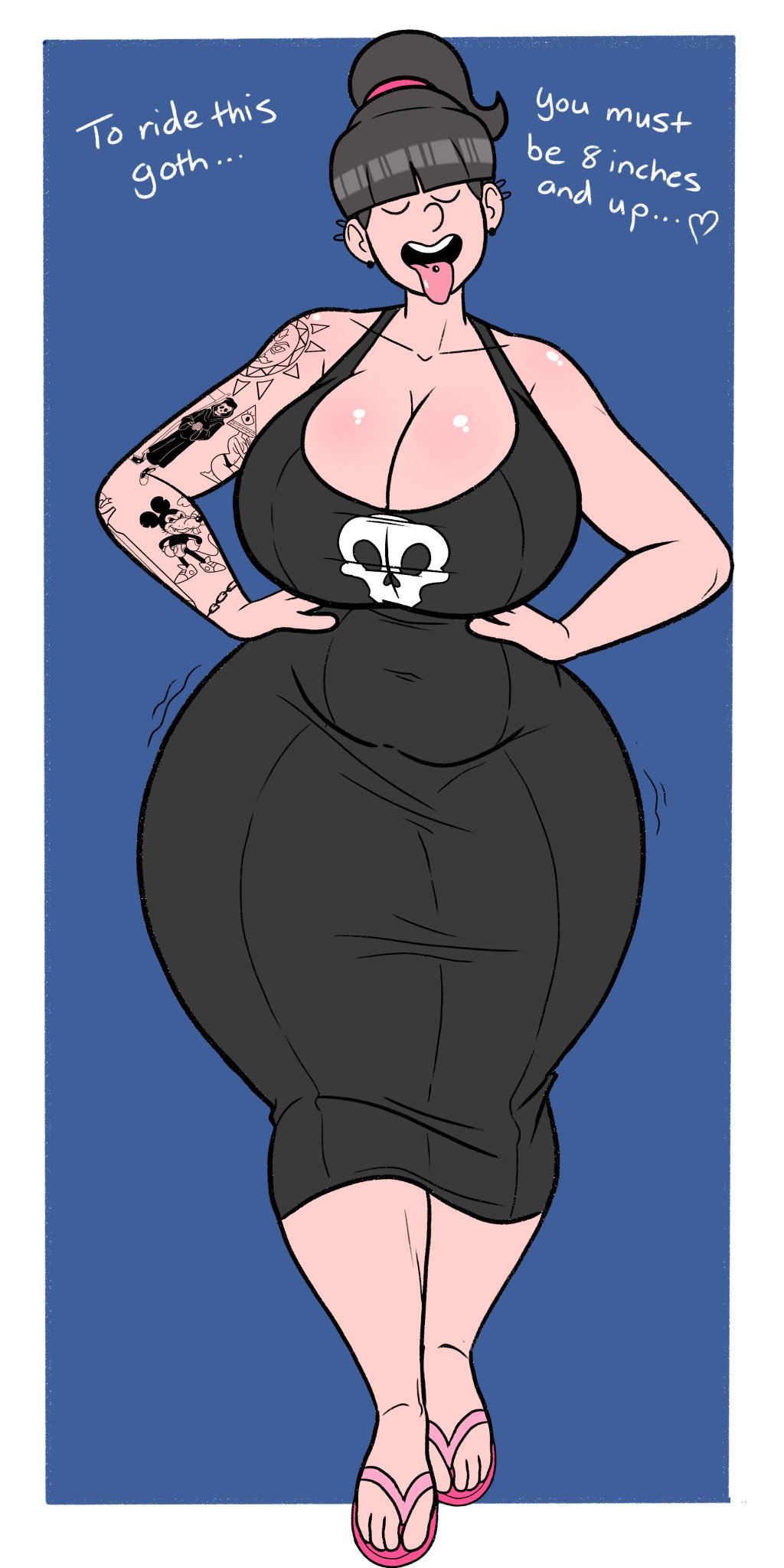 ass barbara_yamanaka_(wappah) big_ass big_breasts breasts breasts_bigger_than_head closed_eyes comic curvaceous dark_hair female female_only goth hands_on_hips light-skinned_female light_skin open_mouth original original_character size_queen skull smile solo tattoo text thick_thighs tongue_out tongue_piercing voluptuous wappah wide_hips