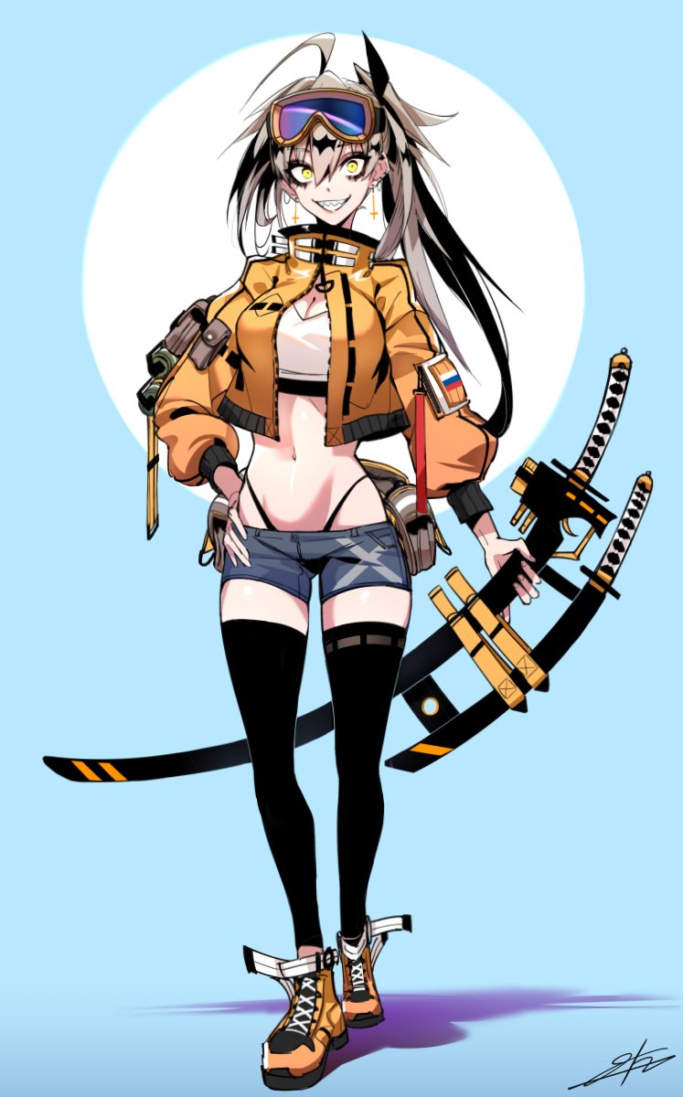 big_breasts crazy_eyes goggles_on_head grey_hair grin hand_on_hip highleg_panties j.k. looking_at_viewer original_character sharp_teeth shorts side_ponytail smile sword thighhighs yellow_eyes