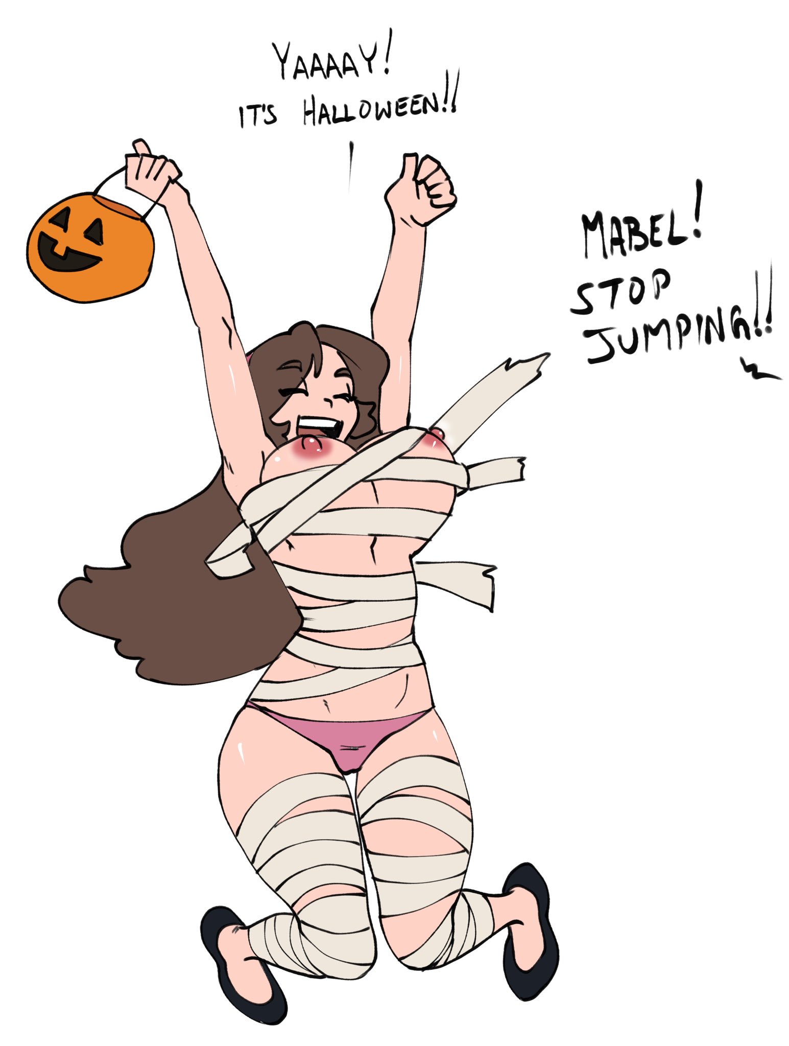 1girls, areolae, bandages, breasts, brown hair, closed eyes, darkeros13, disney, disney channel, disney xd, english text, exposed breasts, female, female only, flats, gravity falls, human, human only, jumping, long hair, mabel pines, nipples, offscreen character, panties, smile, solo, straight hair, text, thedarkeros, thighs, topless, white background