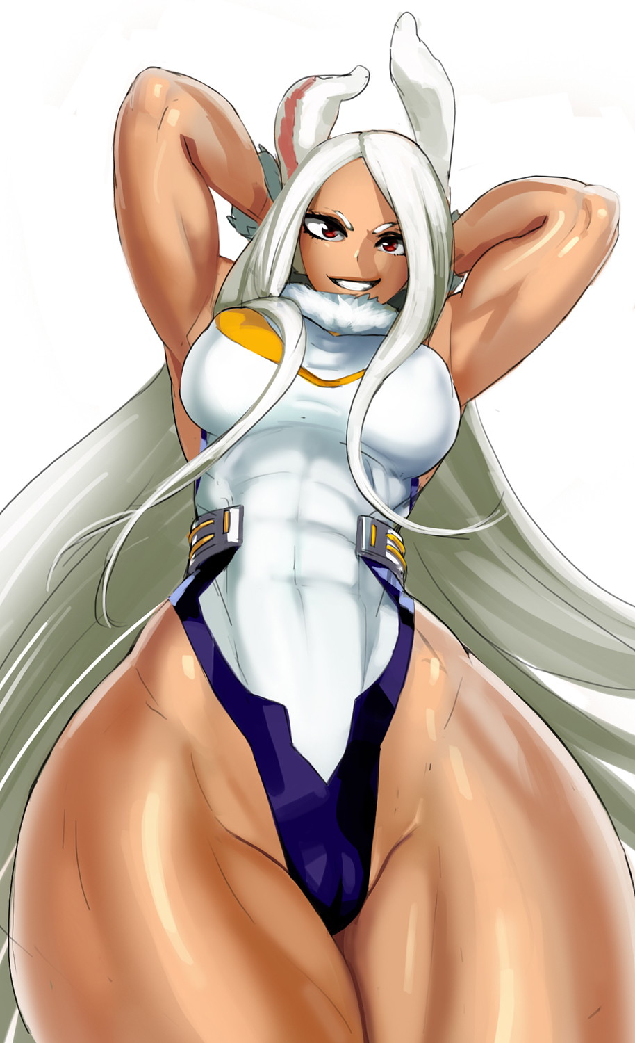 1girls, abs, aka6, armpits, arms up, bottom heavy, breasts, bunny ears, clothed, clothed female, cropped legs, dark skin, dark-skinned female, female, female human, female only, fluffy ears, hands up, hero outfit (mha), huge breasts, human, kemonomimi, leotard, mature female, miruko, muscular, muscular female, my hero academia, naughty face, one-piece swimsuit, rabbit ears, rabbit humanoid, red eyes, rumi usagiyama, seductive, seductive smile, shiny skin, smile, solo, superhero costume, superheroine, swimsuit, thick thighs, thighs, thighs together, wasp waist, white background, white hair, wide hips