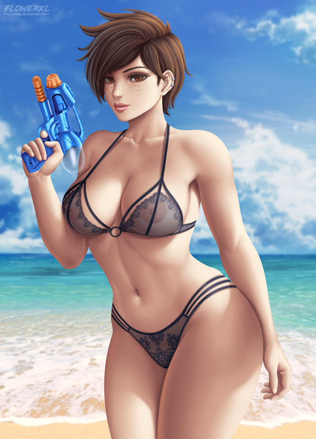 1girls, areolae, bra, breasts, female, female only, flowerxl, looking at viewer, nipples, overwatch, panties, solo, tracer