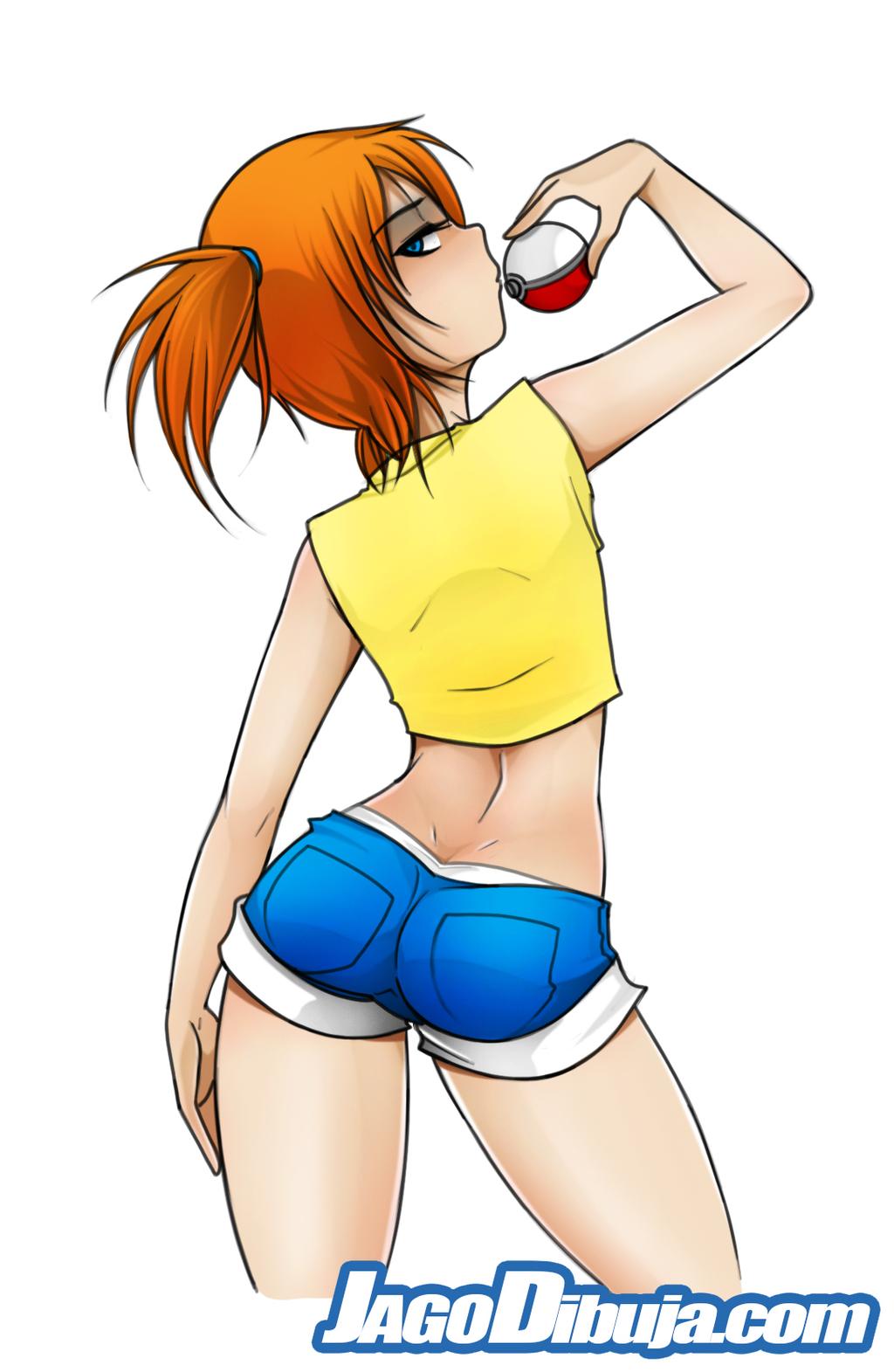 1girls, ass, back, blue eyes, curvy, denim shorts, female, human, jago dibuja, kasumi (pokemon), kissing, looking at viewer, nintendo, pokeball, pokemon, pokemon rgby, ponytail, posing, red hair, solo, tank top, text, watermark, white background