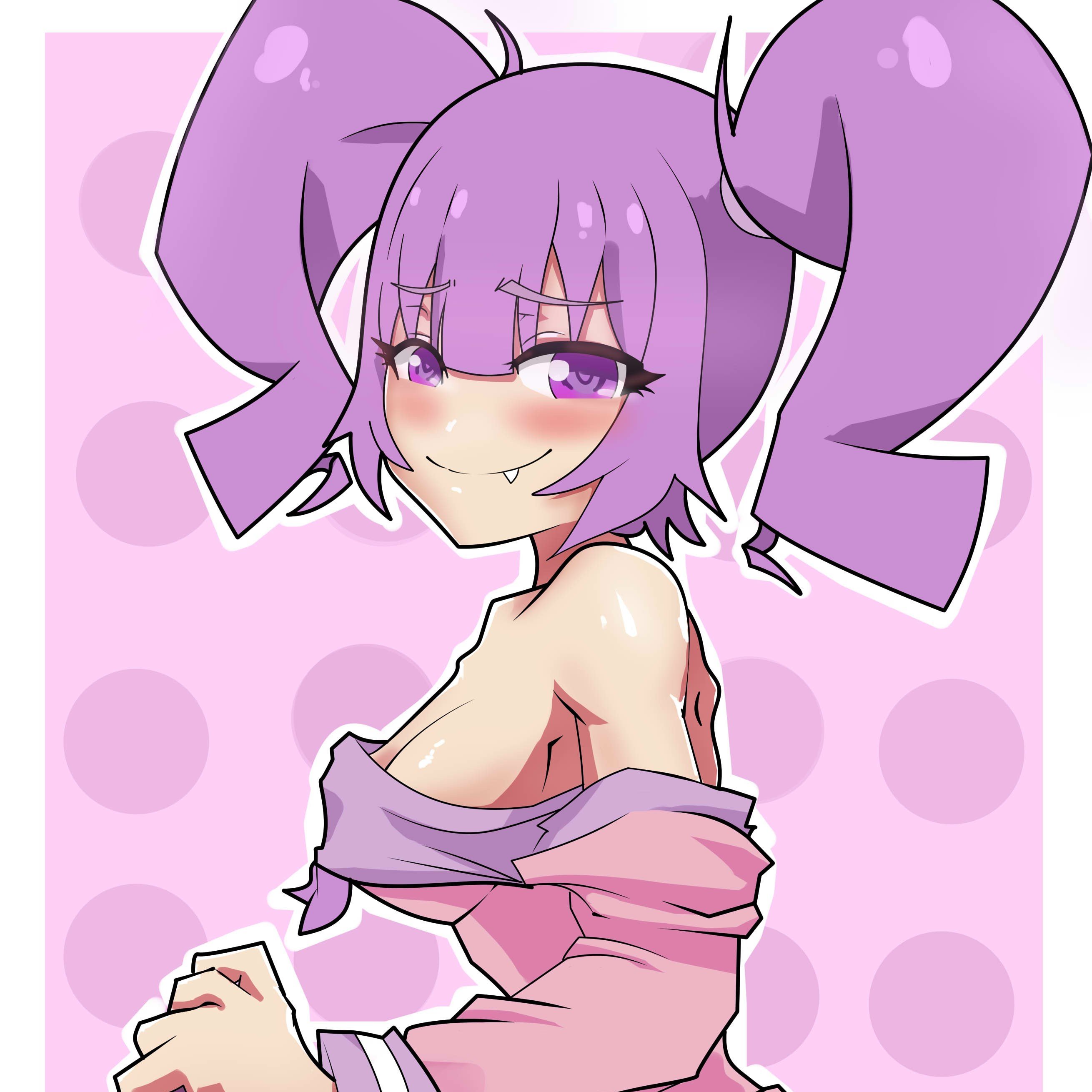 1girls, artist request, bare shoulders, blush, cleavage, fang, female, looking at viewer, otachan, purple eyes, purple hair, purple theme, smile, solo, the otachan show, twintails
