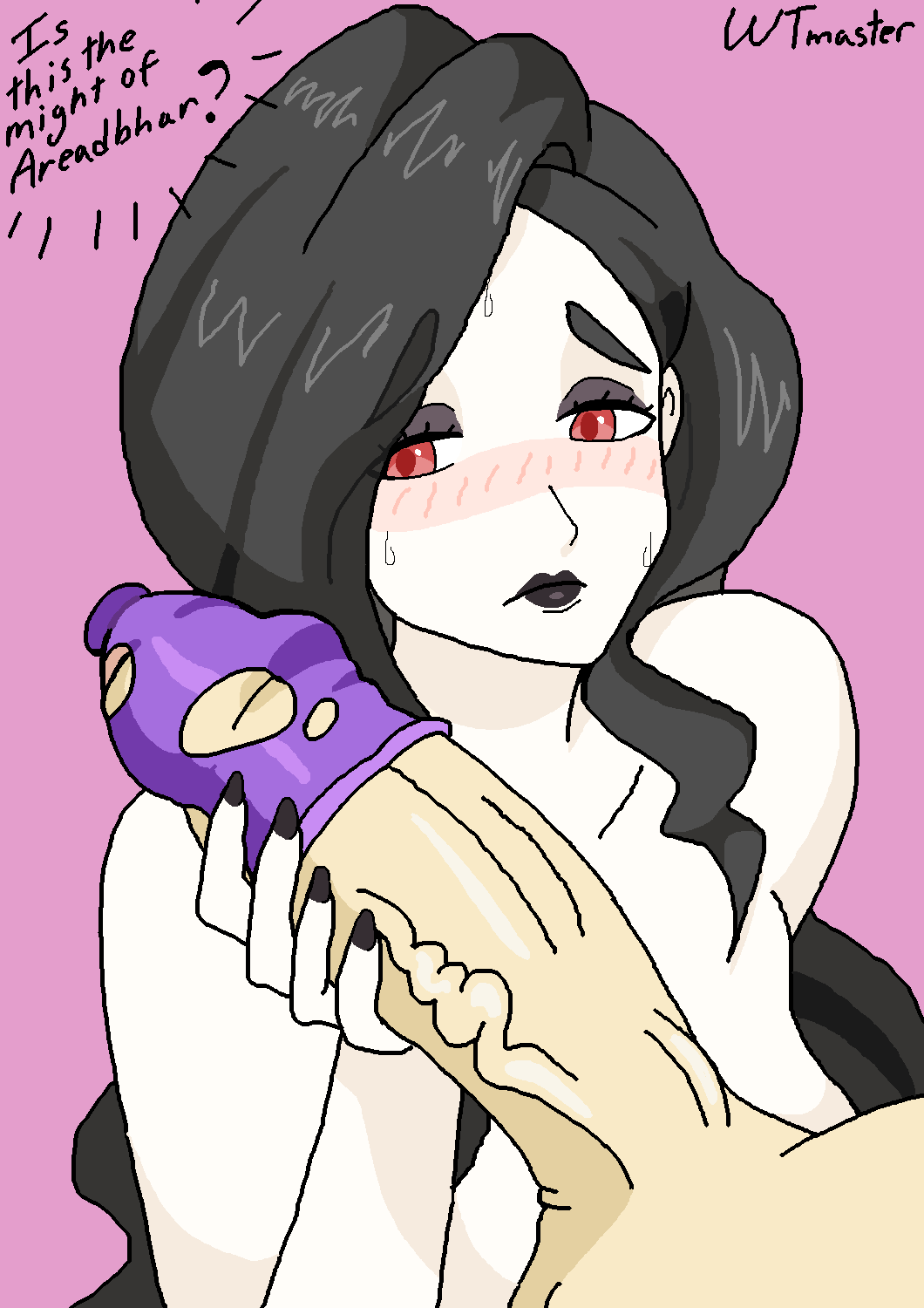 alternate_hair_color black_eyeshadow black_hair black_lips black_lipstick blush broken_condom condom condom_on_penis condom_too_small dark_hair dimitri_alexandre_blaiddyd english_text fire_emblem fire_emblem:_three_houses goth goth_girl gothic handjob holding_penis huge_cock large_penis long_hair looking_at_penis makeup mercedes_von_martritz nails nervous precum_bubble red_eyes small_condom sweat text veiny_penis wigglytuffmaster