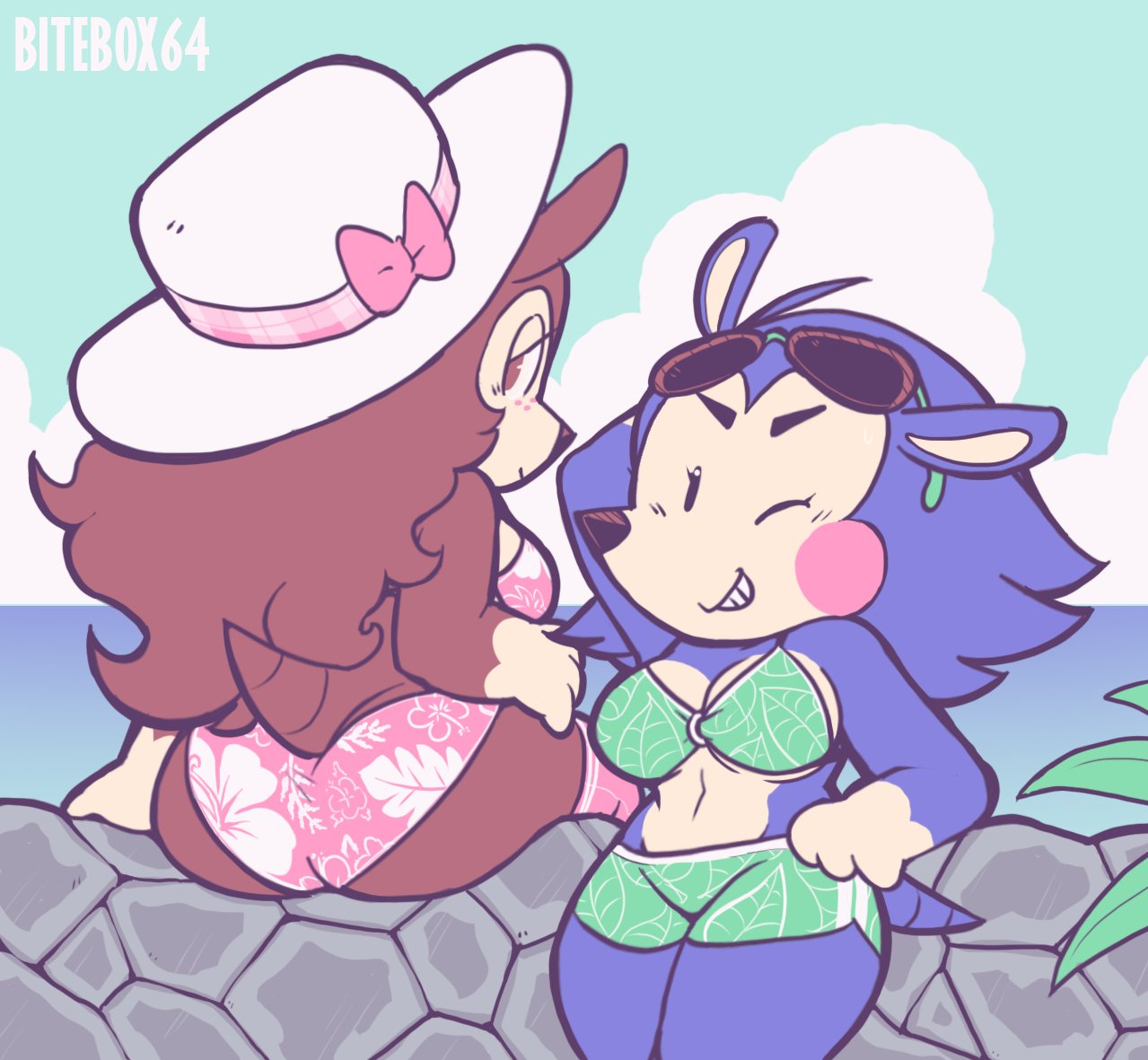 2020, 2girls, animal crossing, ass, ass cleavage, ass crack, ass focus, bikini, bikini bottom, bitebox64, black eyes, blue hair, breasts, brown eyes, brown hair, butt crack, clothed, clothing, female, fur, furry, furry only, hedgehog, looking back, mabel able, nintendo, sable able, tagme, tail