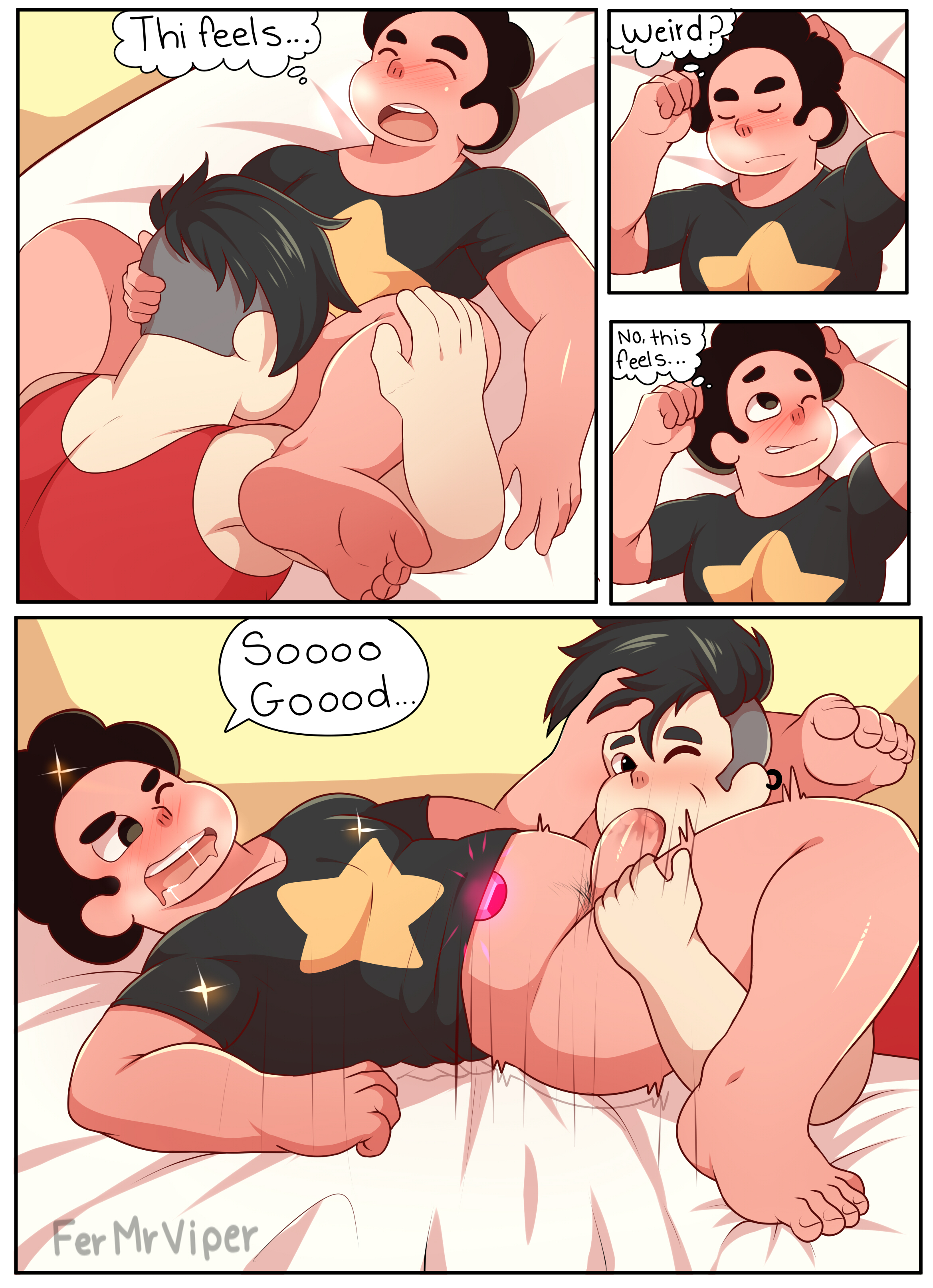 2020, 2boys, artist name, bed, black hair, black shirt, blush, blushing, bottomless, breath, breath cloud, chubby, closed eyes, clothing, comic, deepthroat, dialogue, duo, ear piercing, earrings, english dialogue, english text, erection, fellatio, fermrviper, flaccid penis, gay, genitals, hair grab, hand on head, hand on leg, hand on thigh, kaiko (fermrviper), kneeling, leg grab, legs spread, legs up, lying, lying on bed, male, male only, motion lines, muscles, muscular, muscular male, nervous, nervous smile, on back, one eye closed, oral, oral sex, pants, pecs, penis, penis in mouth, red tank top, sex, shiny gem, shirt, sitting on bed, size difference, spread legs, star, star (symbol), steven quartz universe, steven quartz universe (fermrviper), steven universe, steven universe future, sucking penis, sweat, tank top, text, tremble lines, trembling, undercut, yaoi