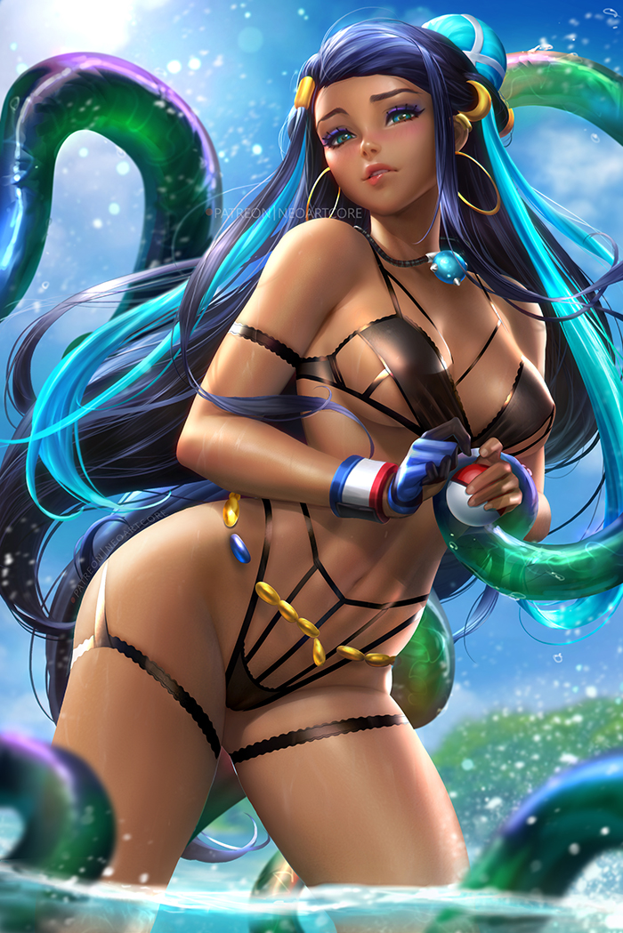 1girls, abs, alternate breast size, alternate outfit, breasts, cleavage, dark skin, dark-skinned female, female, female only, half-closed eyes, human, lingerie, looking at viewer, neoartcore, nessa (pokemon), nintendo, pokemon, pokemon ss, solo, thick thighs, thigh gap, wide hips