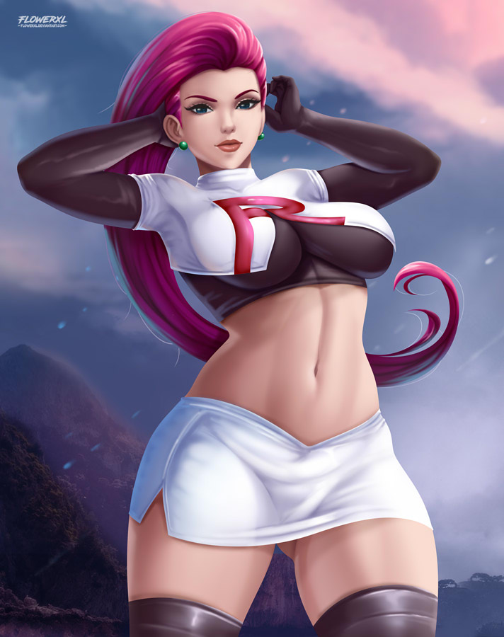 1girls, abs, alternate breast size, big breasts, boots, breasts, cleavage, female, female only, flowerxl, human, jessie (pokemon), large breasts, looking at viewer, miniskirt, nintendo, pokemon, pokemon rgby, skirt, solo, team rocket, team rocket uniform, thick thighs, thigh boots, thigh gap, wide hips