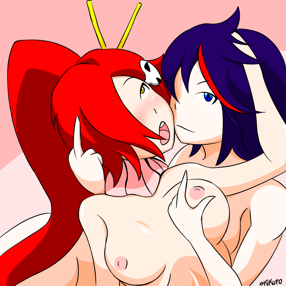 areolae black_hair blue_eyes blush bow bowtie breast_grab breasts crossover grope groping groping_from_behind hand_on_head imminent_kiss kill_la_kill lesbian lesbians looking_at_viewer matoi_ryuuko middle_finger moan moaning moaning_in_pleasure multicolored_hair nipples ponytail red_hair skikuro small_nipples streaked_hair studio_trigger tengen_toppa_gurren_lagann topless upper_body yellow_eyes yoko_littner yuri