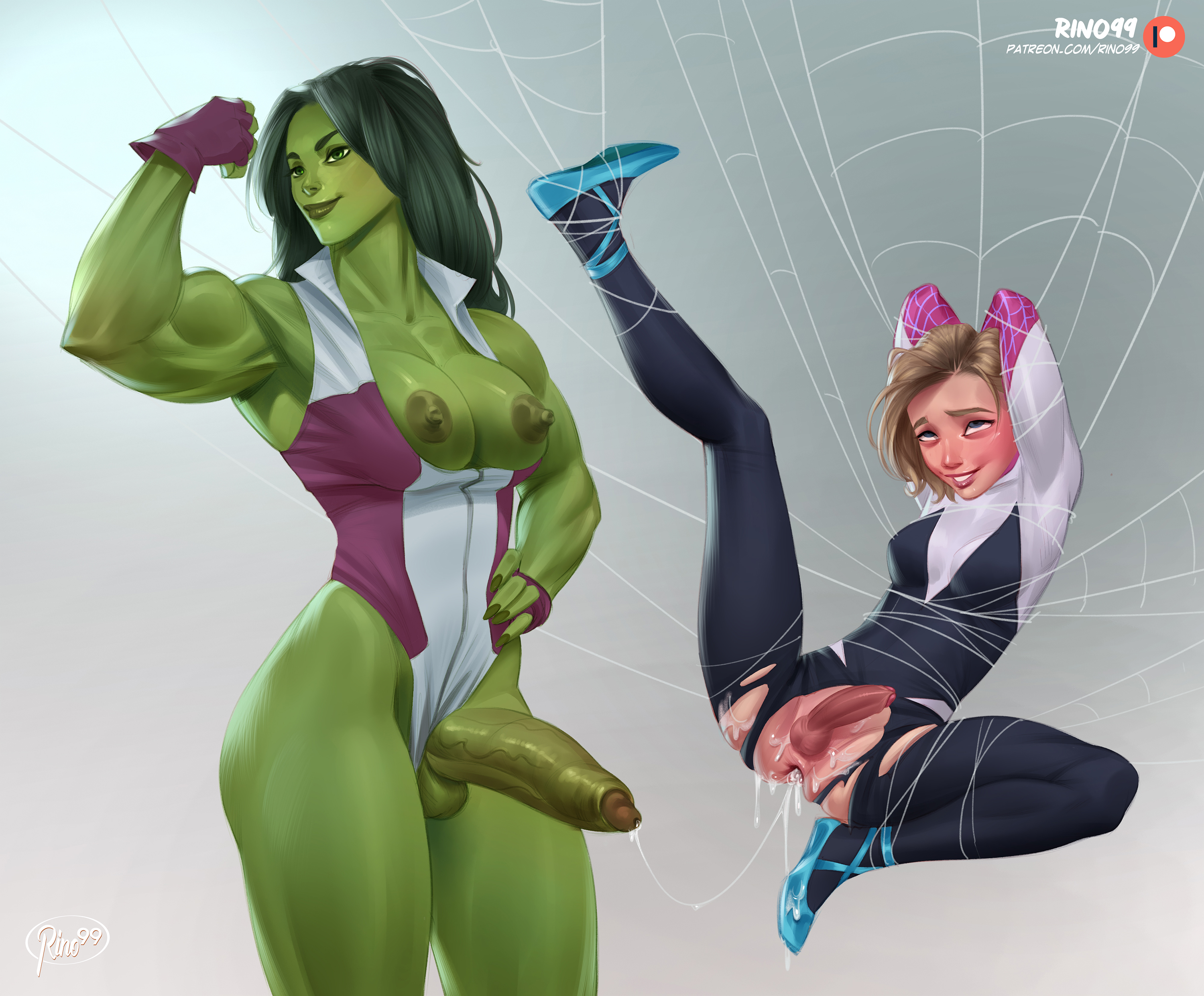 2futas, after sex, ass, balls, breasts, cum, cum in ass, cum inside, dickgirl, erection, futa on futa, futa only, futa sans pussy, futanari, green skin, gwen stacy, gwen stacy (spider-verse), intersex, large breasts, large penis, marvel, marvel comics, muscular, muscular futa, nipples, penis, rino99, she-hulk, spider-gwen, spider-man (series), standing, testicles