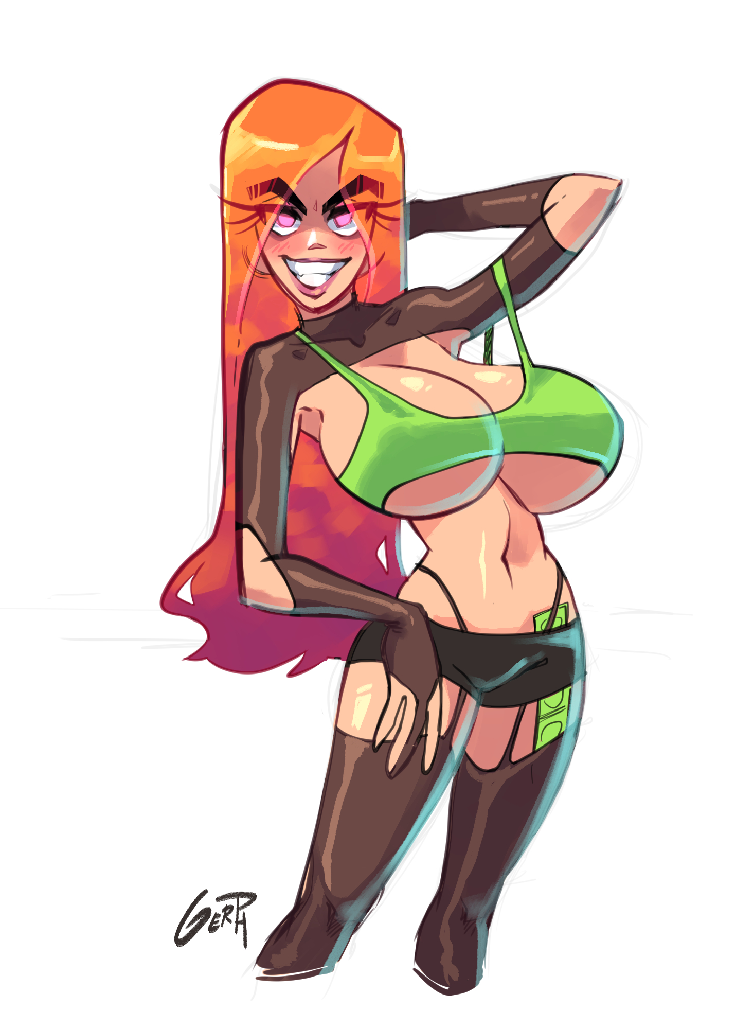 alternate hairstyle, big breasts, blush, breasts, cleavage, condom, condom packet strip, evil grin, female, gerph, glowing eyes, hair down, huge breasts, large breasts, long hair, looking at viewer, navel, nickelodeon, pink eyes, red hair, straight hair, tagme, the fairly oddparents, thick eyebrows, vicky (fairly odd parents)