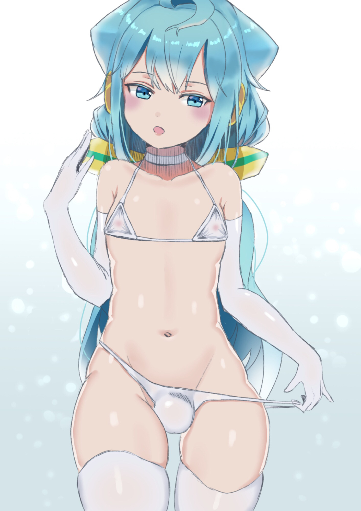 1boy, belly button, bikini top, blue eyes, blue hair, bow, bulge, clothing, femboy, gloves, hacka doll, hacka doll 3, hair ribbon, lemontea4311, long hair, male, male only, nipples, nipples visible through clothing, partially clothed, penis, skinny, slim, small nipples, small penis, solo, solo male, trap, white gloves, white legwear, white panties