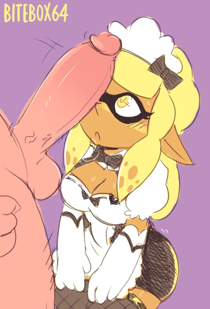 bitebox64, blonde hair, clothed, clothed female, clothed female nude male, dark skin, dark-skinned female, duo, faceless male, female, female focus, inkling, interracial, light skin, light-skinned male, looking at penis, maid, male, nintendo, nude, nude male, penis, penis awe, penis on face, source request, splatoon, year request