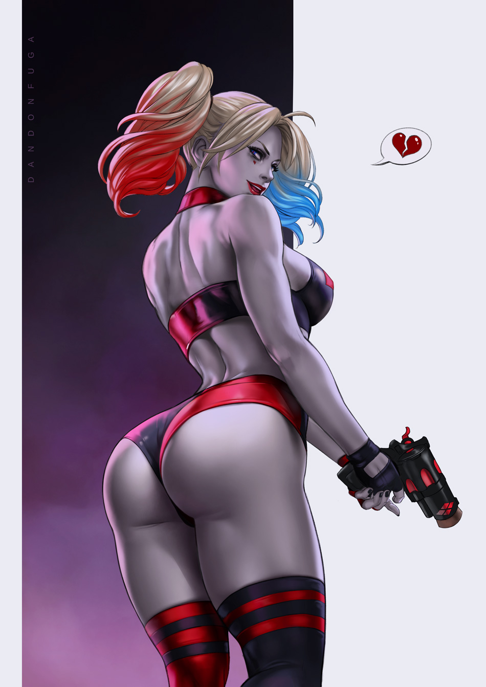 alternate_breast_size ass batman_(series) big_ass big_breasts blonde blonde_hair boots booty_shorts bubble_butt clothing collar cork_gun dandon_fuga dc dc_comics female female_only fingerless_gloves firearm footwear gloves gun handgun handwear harley_quinn highlights human large_breasts lipstick long_hair multicolored_hair nipples pigtails pistol pop_gun red_lipstick revolver solo solo_female solo_focus thick_thighs thighhighs twintails weapon white_body