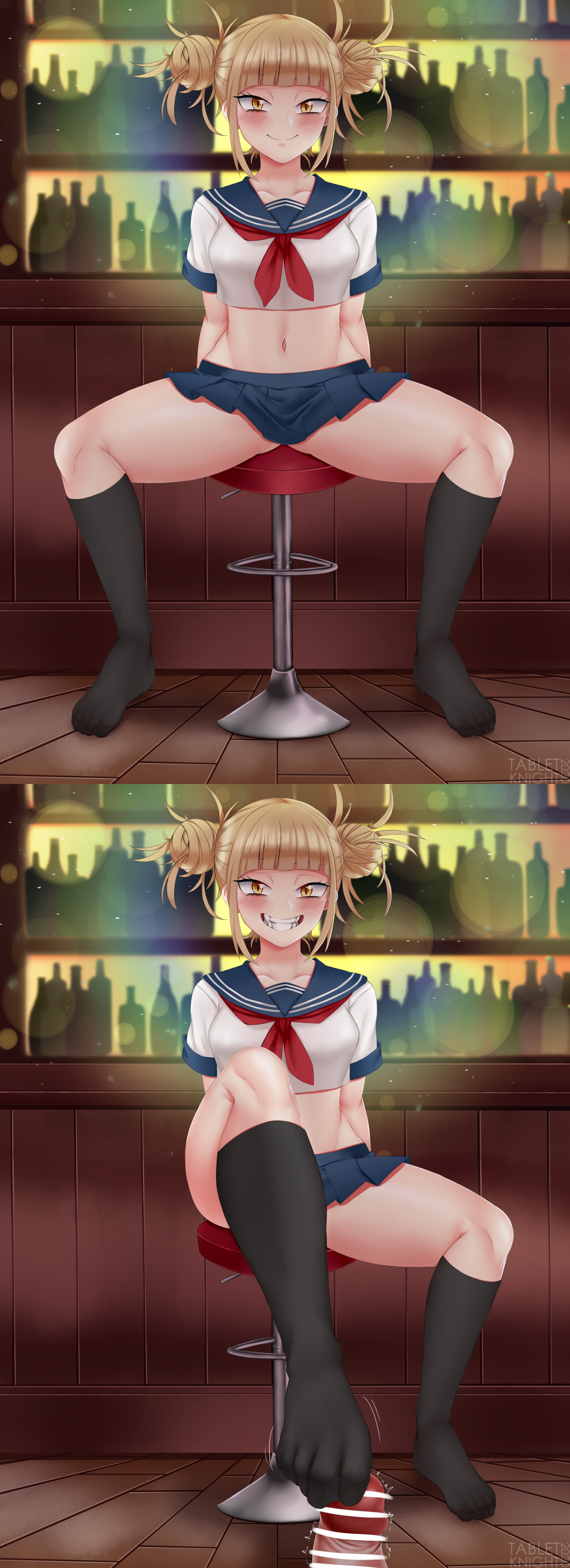 1boy, 1girls, abs, alternate outfit, bar censor, blonde hair, blush, censored, clothed female, clothed female nude male, erection, eye contact, feet, female, femdom, footjob, footjob with legwear, grin, grinding, hair bun, half-closed eyes, himiko toga, kneehighs, looking at viewer, male, midriff, my hero academia, partial male, penis, pov, sailor uniform, school uniform, schoolgirl, short skirt, sitting, skirt, sockjob, socks, source request, spread legs, tabletknight, teasing, thick thighs, toned, wide hips, yellow eyes