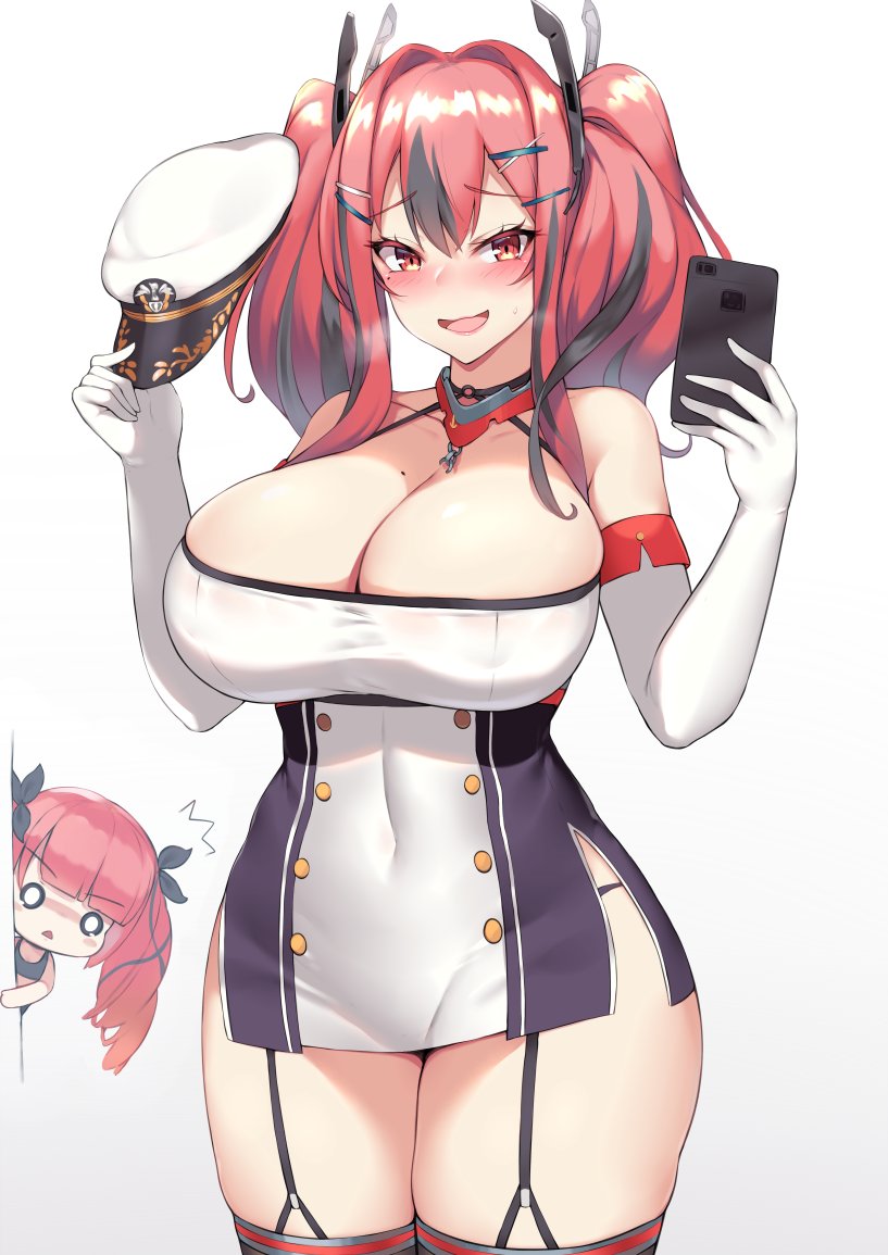 azur_lane blush bremerton_(azur_lane) cosplay honolulu_(azur_lane) kuavera large_breasts open_mouth phone red_eyes red_hair selfie tagme twintails wide_hips