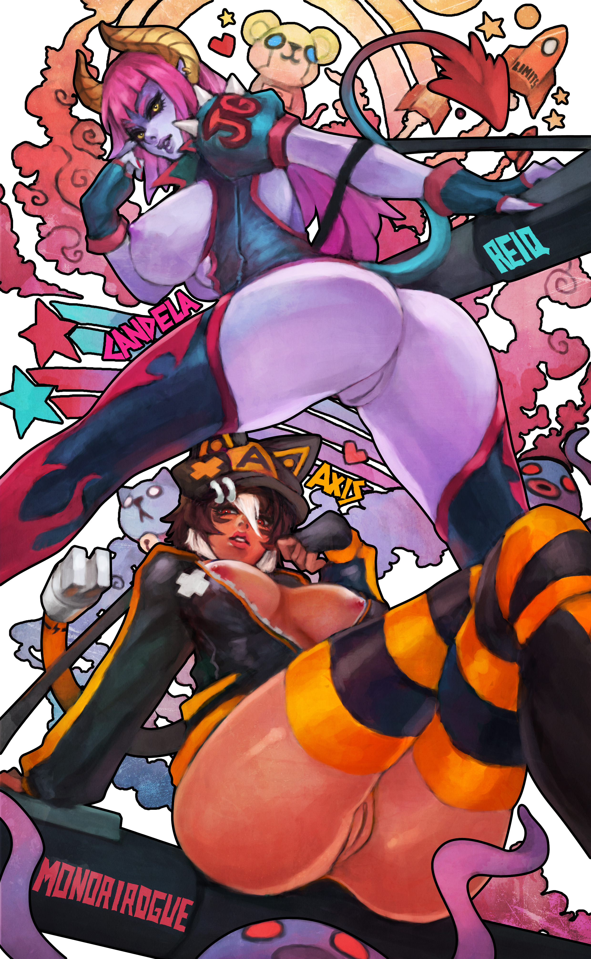 2girls, ass, breasts, demon, demon girl, female, highres, horns, large breasts, monorirogue, multiple females, multiple girls, nipples, purple skin, pussy, striped legwear, striped thighhighs, tagme, tail, thighhighs