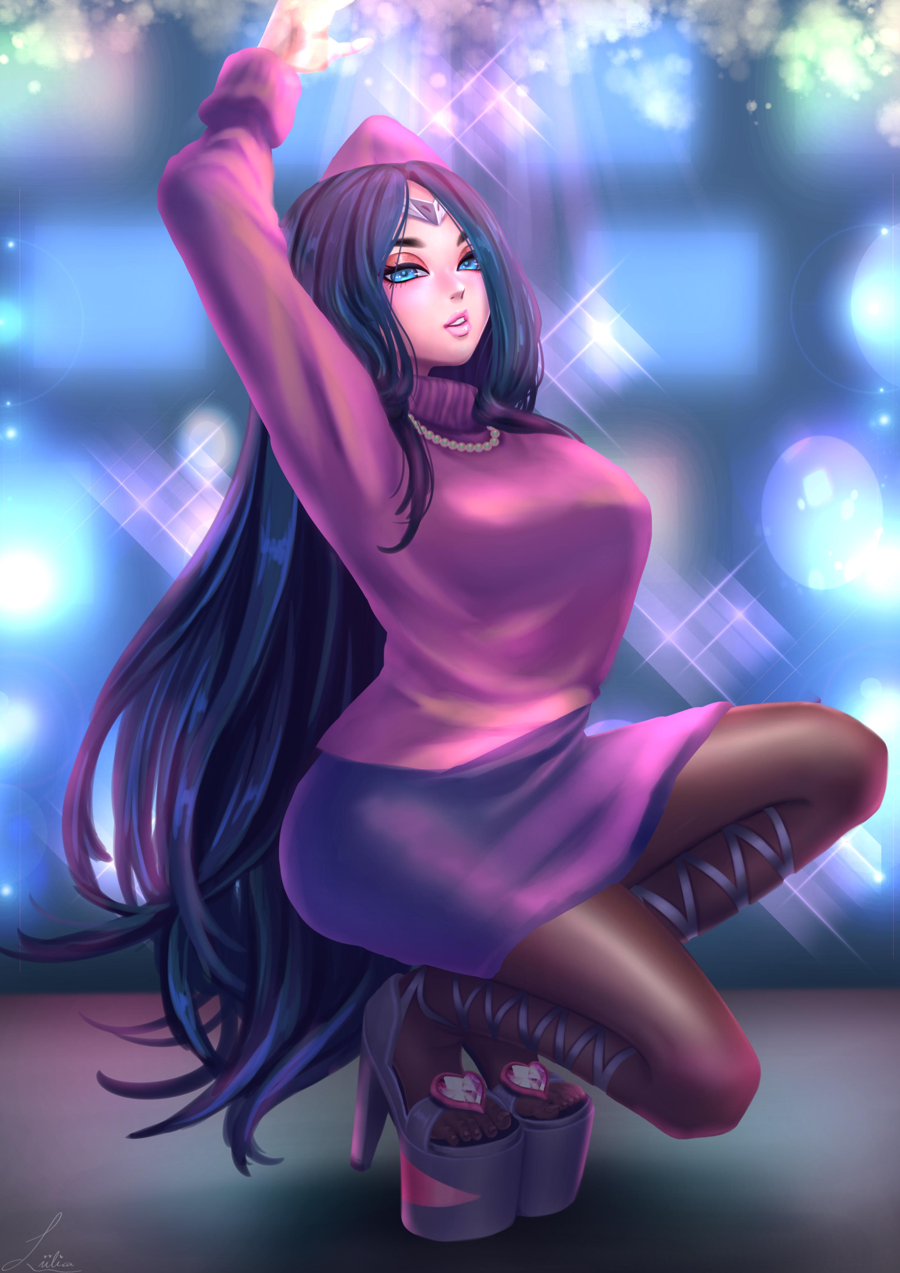 1girls, blue eyes, blue hair, female, high heels, irelia xan, league of legends, liilca, necklace, platform heels, stockings, stripper, stripper pole, sweater