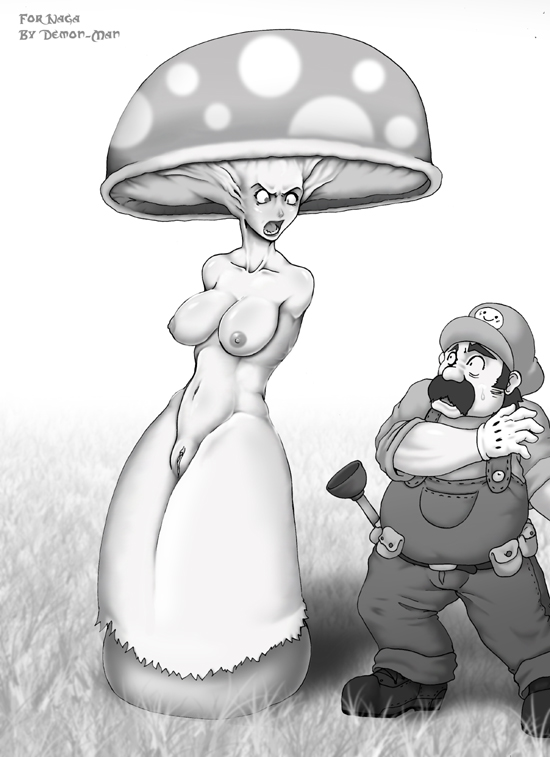 2007 angry armless black_and_white breasts clothing demon-man duo elemental_creature female fungi_fauna fungus genitals grass hat headgear headwear human humanoid male mammal mario mario_(series) mushroom_girl navel nintendo nipples nude open_mouth pussy size_difference video_games what