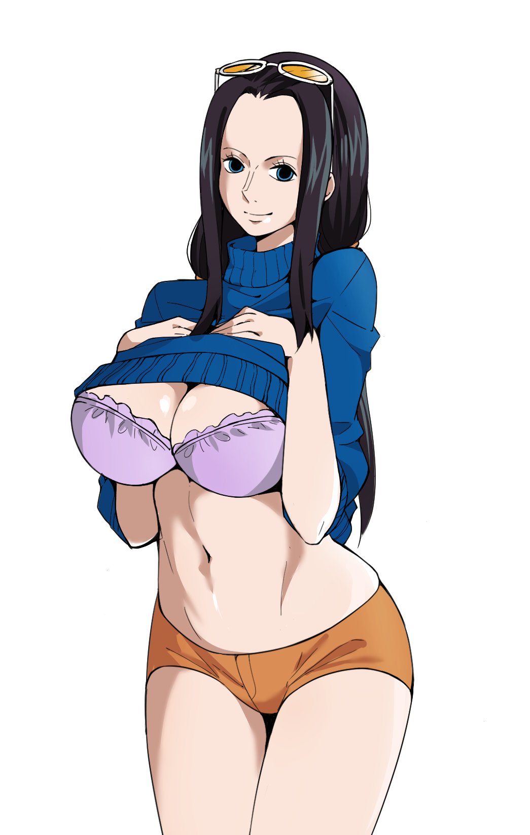 1girls, big breasts, black hair, black-haired female, blue eyes, booty shorts, bra, breasts, female, female only, hourglass figure, long hair, mature female, nico robin, nipples, nipples visible through clothing, one piece, smile, solo, solo female, solo focus, sunglasses, sunglasses on head, sweater, sweater lift, woogleboy