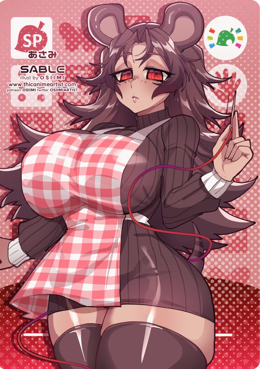 animal_crossing animal_ears anthro apron big_breasts breasts brown_hair female freckles hi_res huge_breasts long_hair looking_at_viewer needle nintendo osiimi red_eyes sable_able sewing_needle spiky_hair stockings sweater tail text thick_thighs thighhighs tight_clothing