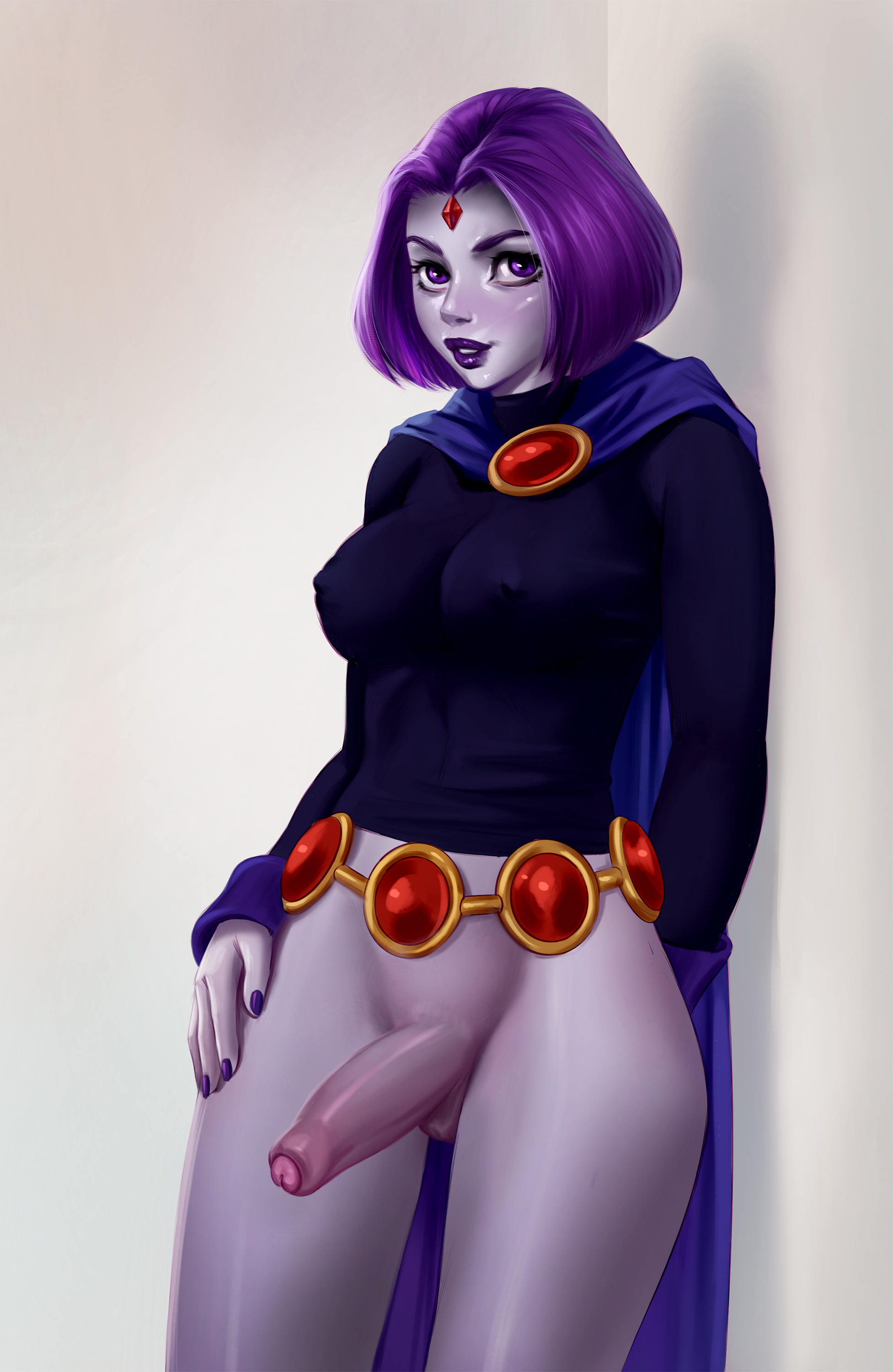 1futa, dc, dc comics, dickgirl, foreskin, futa only, futanari, grey skin, half-erect, intersex, penis, purple hair, rachel roth, raven (dc), rino99, short hair, smooth skin, solo, solo futa, standing, teen titans, uncircumcised, uncut, unretracted foreskin