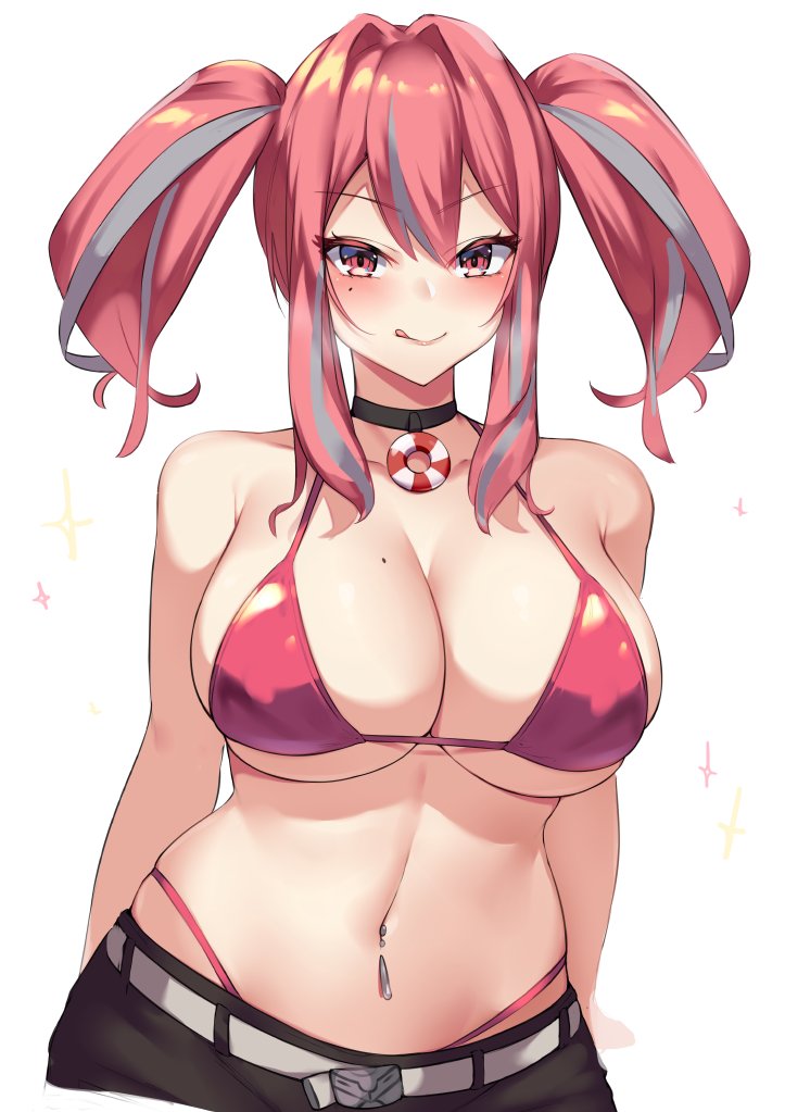 azur lane, bikini, blush, breasts, bremerton (azur lane), collar, female, highlights, kuavera, large breasts, red eyes, red hair, tagme, tongue, tongue out, twintails