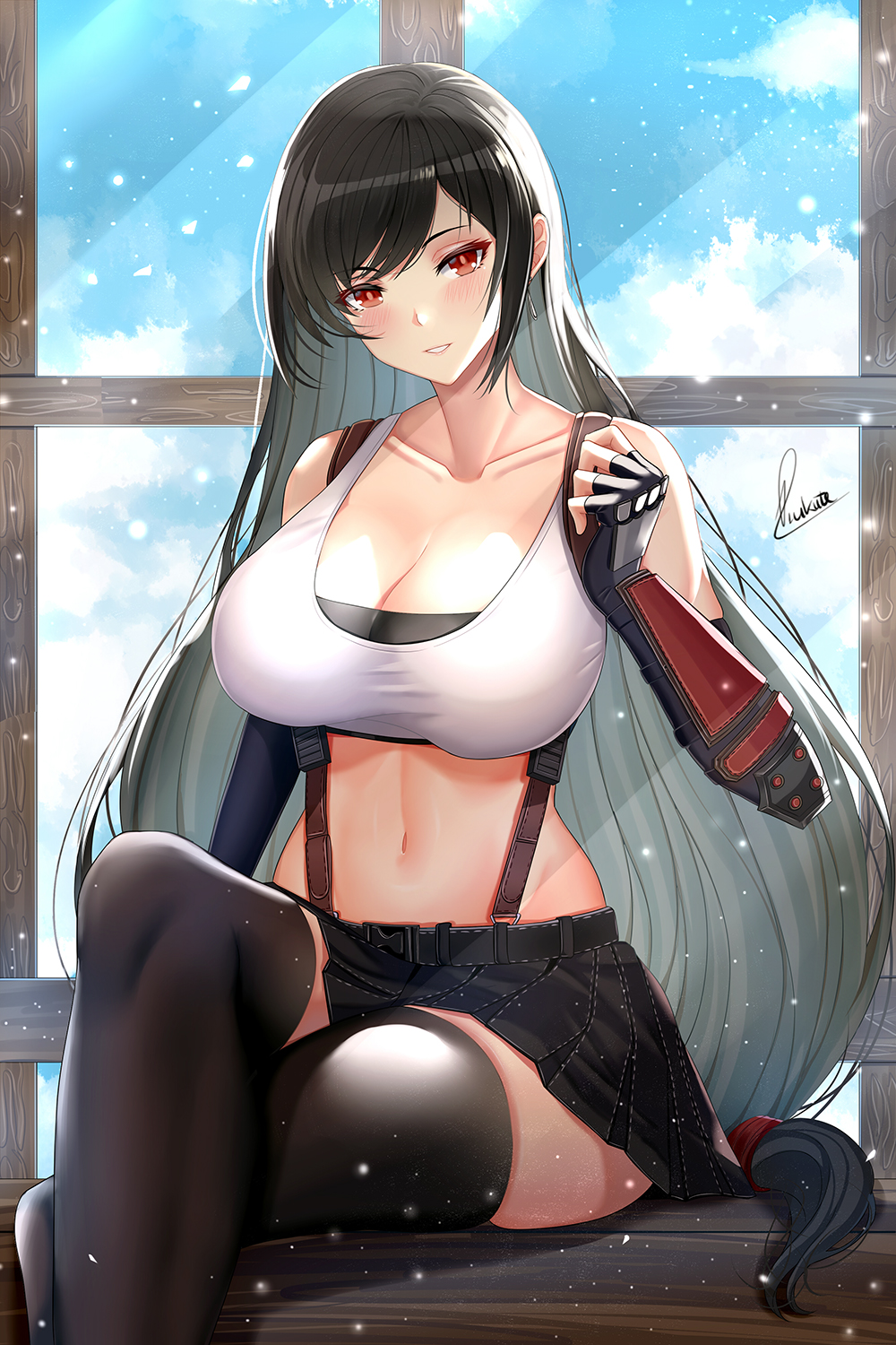 1girls, 2020, arm guards, bangs, bare shoulders, black hair, black legwear, black skirt, blush, breasts, cleavage, collarbone, earrings, female, female only, final fantasy, final fantasy vii, fingerless gloves, fully clothed, gloves, highres, jewelry, large breasts, legs crossed, long hair, looking at viewer, low-tied long hair, midriff, navel, piukute062, red eyes, shirt, signature, sitting, skirt, smile, solo, sports bra, suspender skirt, suspenders, swept bangs, tank top, taut clothes, taut shirt, thighhighs, thighs, tifa lockhart, white skin, white tank top, window