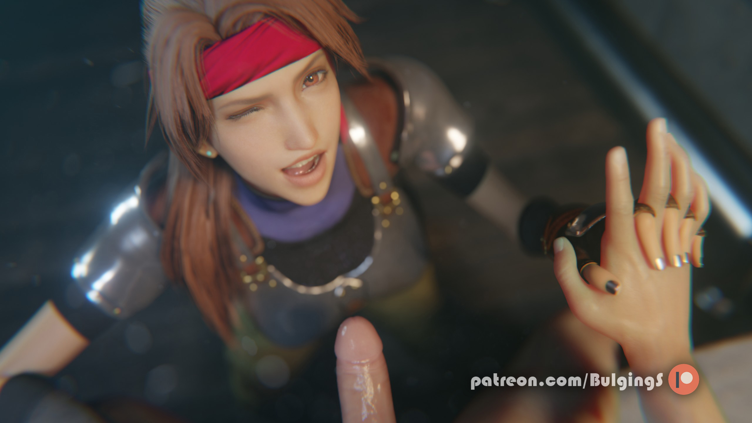 1boy, 1girls, 3d, 3d (artwork), armor, brown eyes, brown hair, bulgingsenpai, eye contact, female, final fantasy, final fantasy vii, final fantasy vii remake, hand holding, headband, holding hands, jessie rasberry, kneeling, light skin, male, nail polish, naughty face, on knees, oral, orange eyes, penis, ponytail, pov, slim, smooth skin, tongue, tongue out, wink