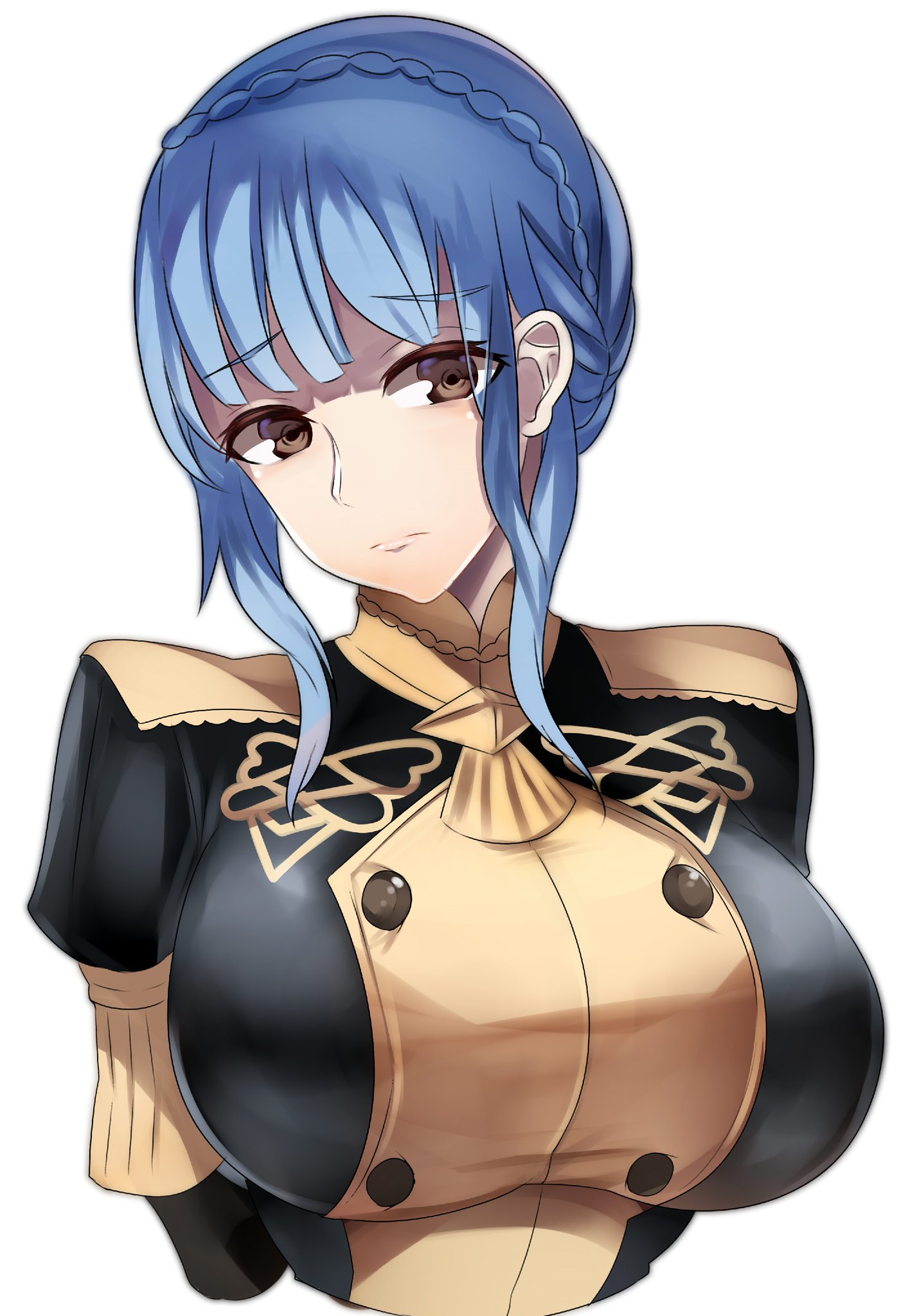 1girl, absurdres, blue hair, braid, breasts, brown eyes, closed mouth, clothed, crown braid, embarrassed, eyes visible through hair, female, female focus, fire emblem, fire emblem: three houses, fully clothed, garreg mach monastery uniform, highres, huge breasts, impossible clothes, impossible jacket, jacket, large breasts, long hair, marianne von edmund, nintendo, simple background, skin tight, solo, tea texiamato, tiamat (momokuri mannen), upper body, white background