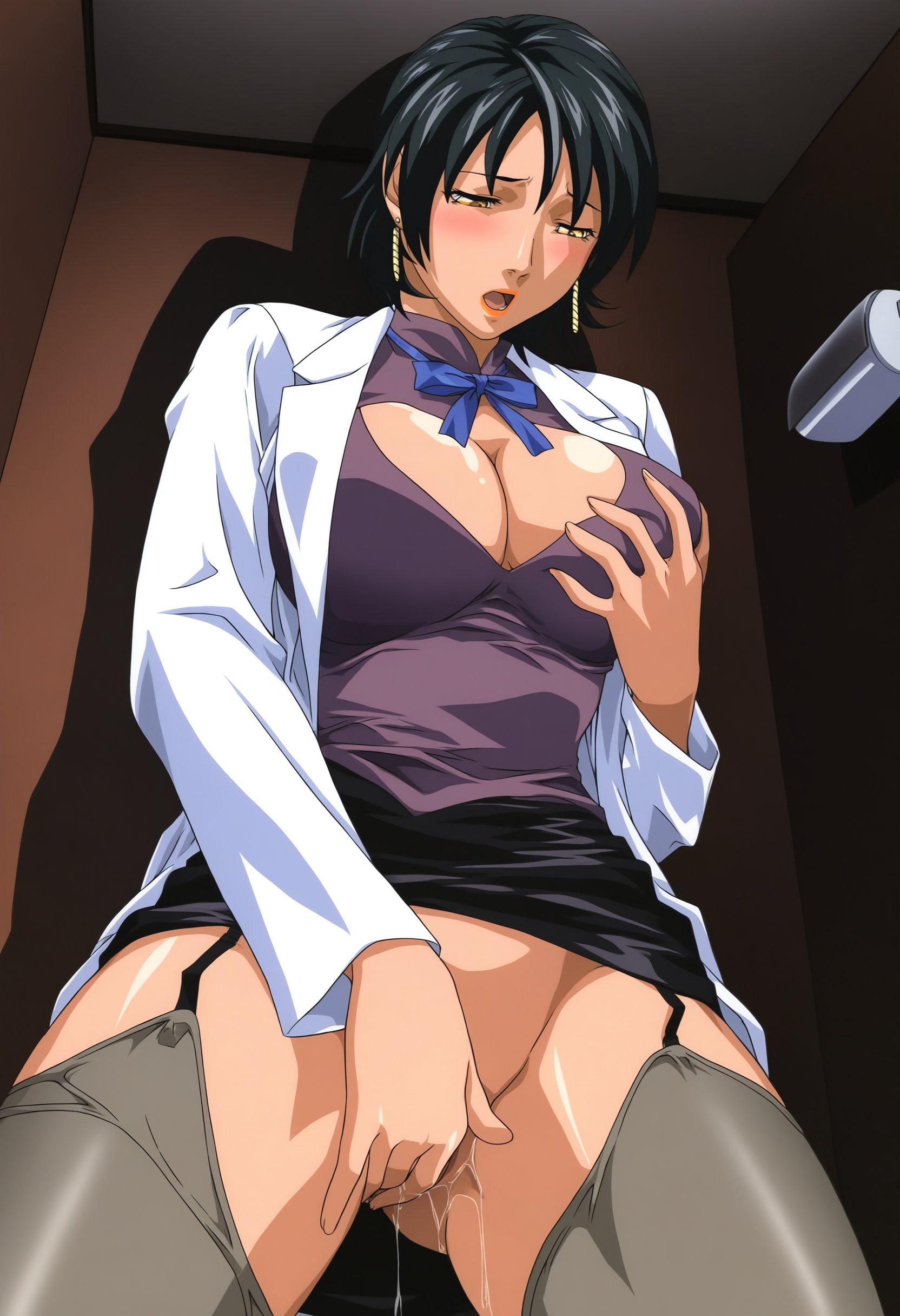 1girls, against wall, ai generated, bare legs, bare shoulders, bathroom, behind door, bible black, bible black only, big breasts, bottomless, breasts, center opening, cleavage, climax, cumming, dress, earrings, ejaculation, enigmata, faithful to the anime, female, female only, female pubic hair, finger fuck, fingering, fingering pussy, fingering self, genital fluids, half-closed eyes, head tilt, high resolution, horny, horny female, huge breasts, labcoat, lifted by self, lipstick, makeup, masturbation, milf, minase yukiko, moaning, no panties, open mouth, partially clothed, pencil skirt, pubic hair, pussy, pussy juice, pussy juice drip, pussy juice puddle, short hair, skirt, skirt lift, solo, spread legs, standing masturbation, tank top, teacher, uncensored, vaginal masturbation, wet, wet pussy