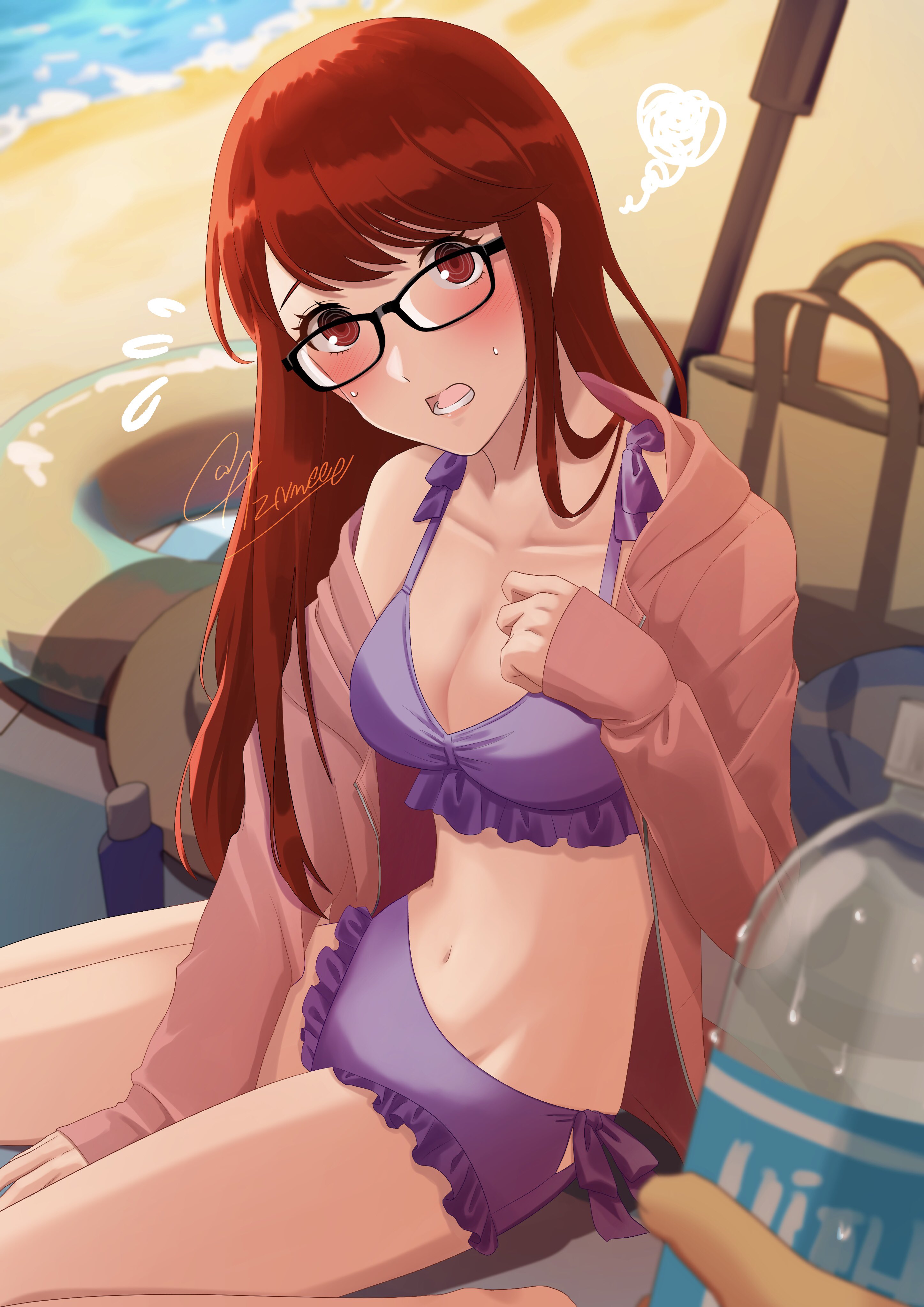 1other, absurdres, alternate costume, ambiguous gender, aznmeee, beach, bikini, black-framed eyewear, blush, bottle, breasts, cleavage, collarbone, commentary request, female, female only, flustered, flying sweatdrops, highres, holding, holding bottle, hood, hood down, hooded jacket, jacket, kasumi yoshizawa, long hair, long sleeves, looking at viewer, lower teeth only, navel, open clothes, open jacket, open mouth, out of frame, persona, persona 5, pink jacket, pov, pov hands, purple bikini, red eyes, red hair, sand, shadow, signature, sitting, sleeves past wrists, small breasts, stomach, sumire yoshizawa, sweat, swimsuit, teeth, water, water bottle