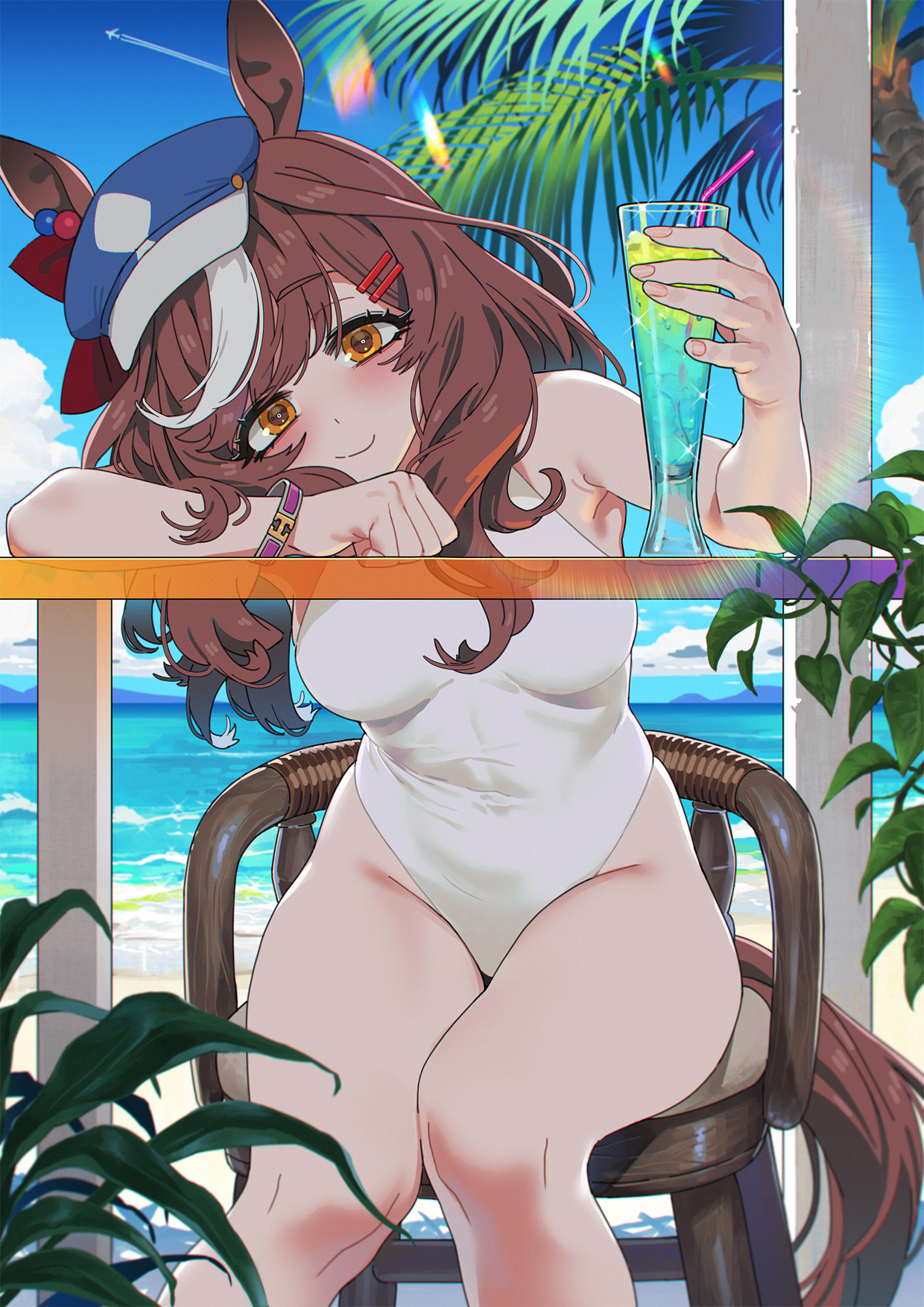 brown hair, detailed background, female, female only, hair ornament, hair ribbon, hairclip, hat, headwear, horse ears, horse girl, horse tail, long hair, looking at viewer, matikane tannhauser (umamusume), one-piece swimsuit, sarcophage, sitting, smile, solo, swimsuit, thick thighs, two-tone hair, umamusume, umamusume pretty derby, wavy hair, white streak, white swimsuit, wide hips, yellow eyes
