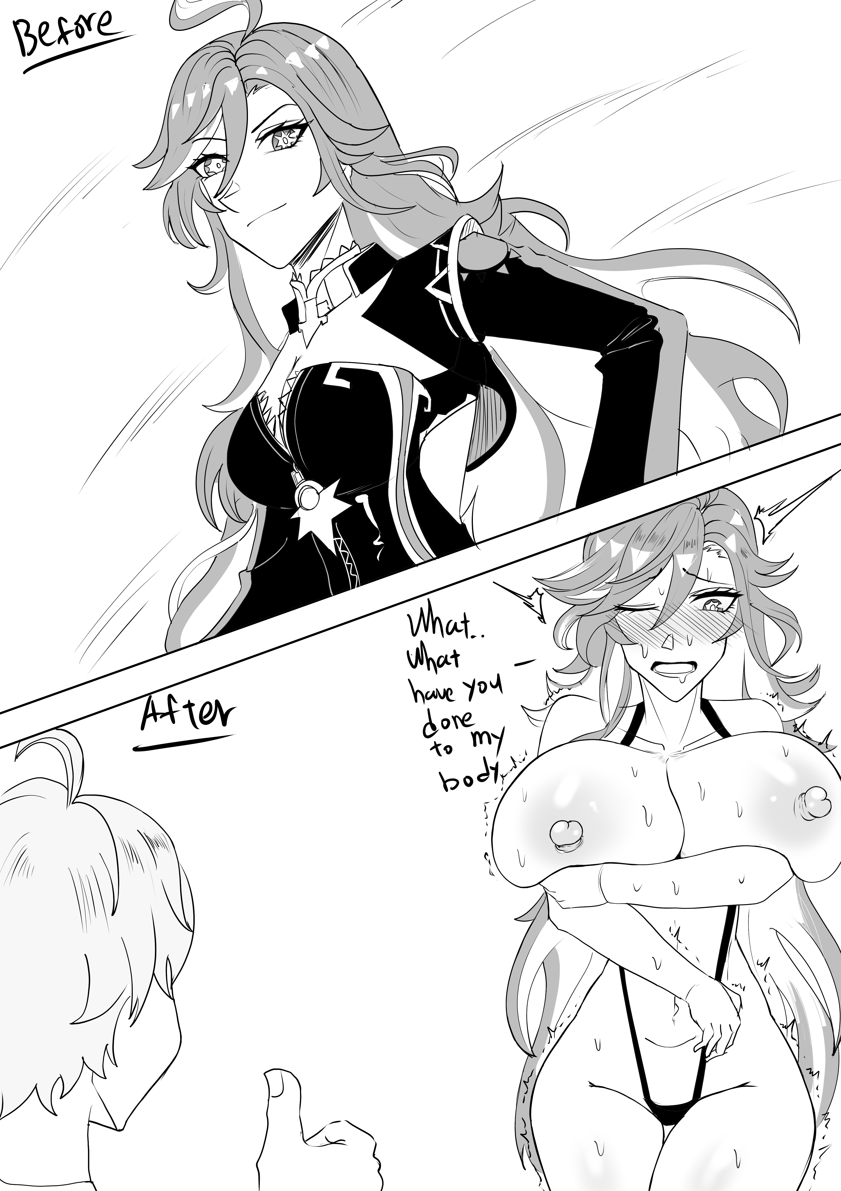 1boy, 1girls, aether (genshin impact), after, almost naked, almost nude, arm under breast, arm under breasts, arms, arousal, aroused, aroused face, aroused female, before, before and after, big breasts, black and white, blush, blush lines, blushing female, blushing lines, breasts, clothed, clothed female, clothes, clothes removed, clothing, clothing removed, confident, confident expression, confident female, dialog, dialogue, drawing, embarrassed, embarrassed female, embarrassed naked female, embarrassed nude female, english, english dialogue, english language, english subtitles, english text, erect nipple, erect nipples, eyes, eyes open, female, female with female, female/male, fully clothed, fully clothed female, genshin impact, hair, holding, holding breast, holding breasts, holding breasts up, holding tits, hoyoverse, huge breasts, large breasts, large tits, legs, light skin, light-skinned female, light-skinned male, long hair, long-haired female, looking at viewer, male, male with female, male/female, mature, mature body, mature female, mature figure, mature woman, mavuika (genshin impact), mihoyo, mostly naked, mostly naked female, mostly nude, mostly nude female, naked, naked female, no color, no sex, nude, nude female, nwoidn, one eye closed, one eye open, open eyes, short hair, short-haired male, smirk, smirking, smirking at viewer, smirking face, standing, stomach, sweat, sweat on breast, sweat on breasts, sweat on stomach, sweat on thighs, sweating, sweating body, sweating breasts, sweating female, sweaty, sweaty body, sweaty breasts, sweaty face, sweaty legs, sweaty thighs, text, thick thighs, thighs, thumbs up, tremble, tremble lines, trembling, trembling lines, underwear